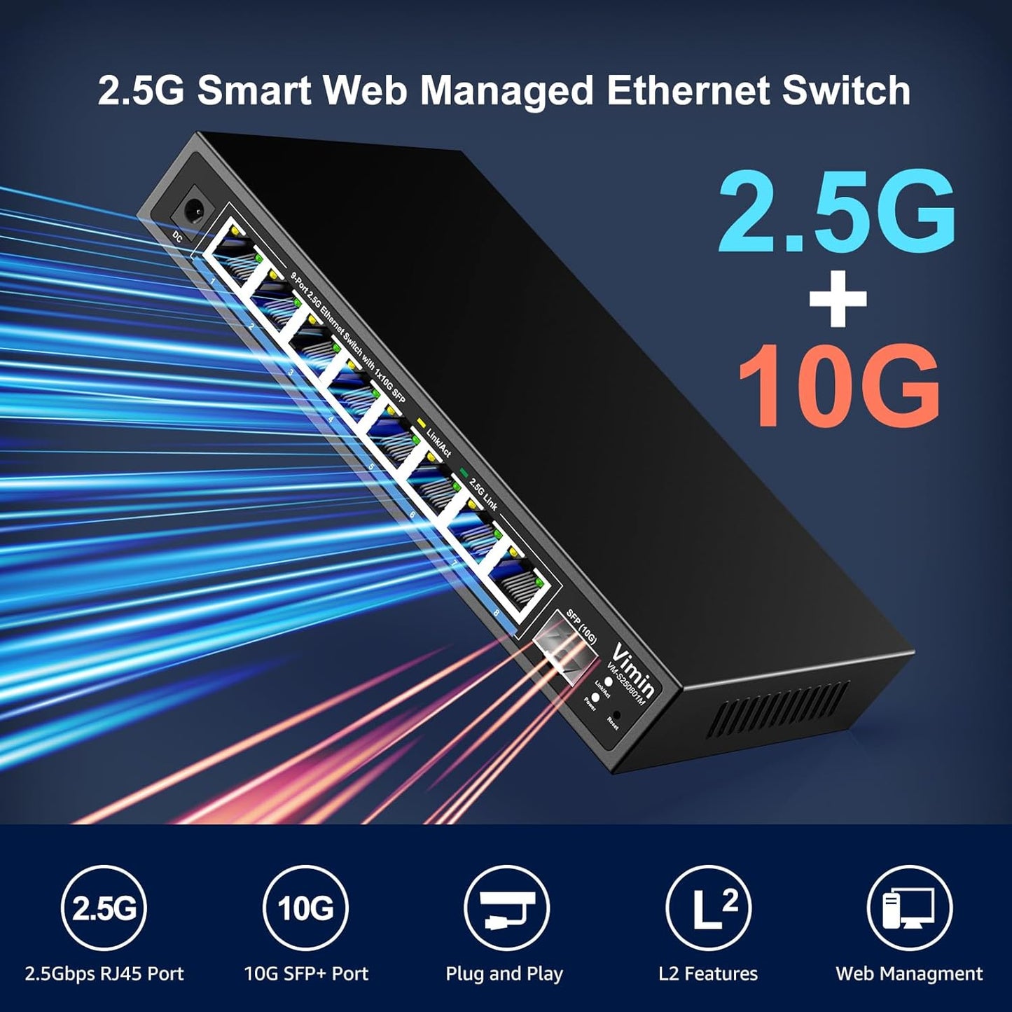 8 Port 2.5G Web Managed Ethernet Switch with 10G SFP, VIMIN 9 Port 2.5G Smart Network Switch Managed 60Gbps Switching Capacity, Support Vlan/QoS/IGMP/Static Aggregation, Desktop/Wall-Mount, Fanless