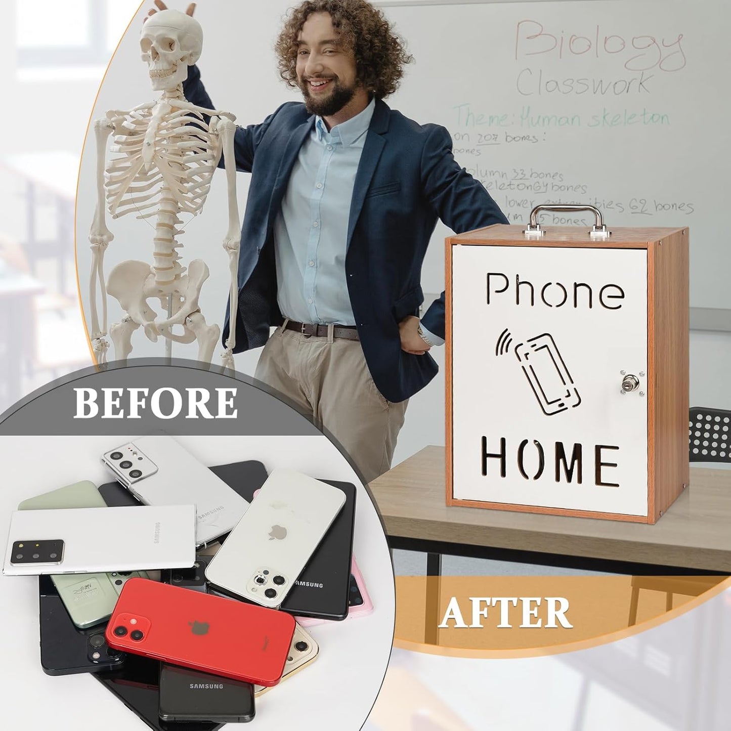 Cell Phone Holder Classroom 36 Slots Wooden Cell Phone Storage Cabinet Pocket Chart with Handle and Security Lock for Classroom Office (36 Grid Cabinet Cherry)