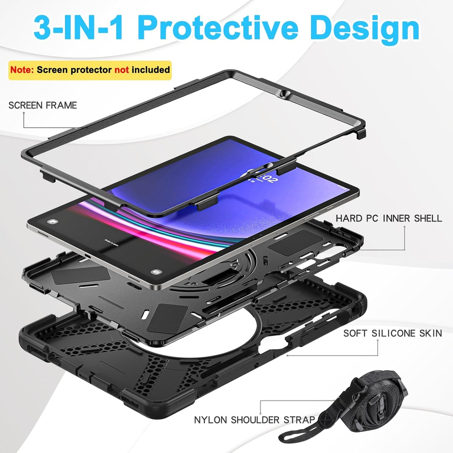 BRAECN for Samsung Galaxy Tab S10 Plus Case 2024/S9 Plus/S9 FE+/S8 Plus/S7 Plus /S7 FE 12.4 Inch,Heavy Duty Shockproof Case with S Pen Holder&360 Rotating Hand Strap/Kickstand Shoulder Strap,Black