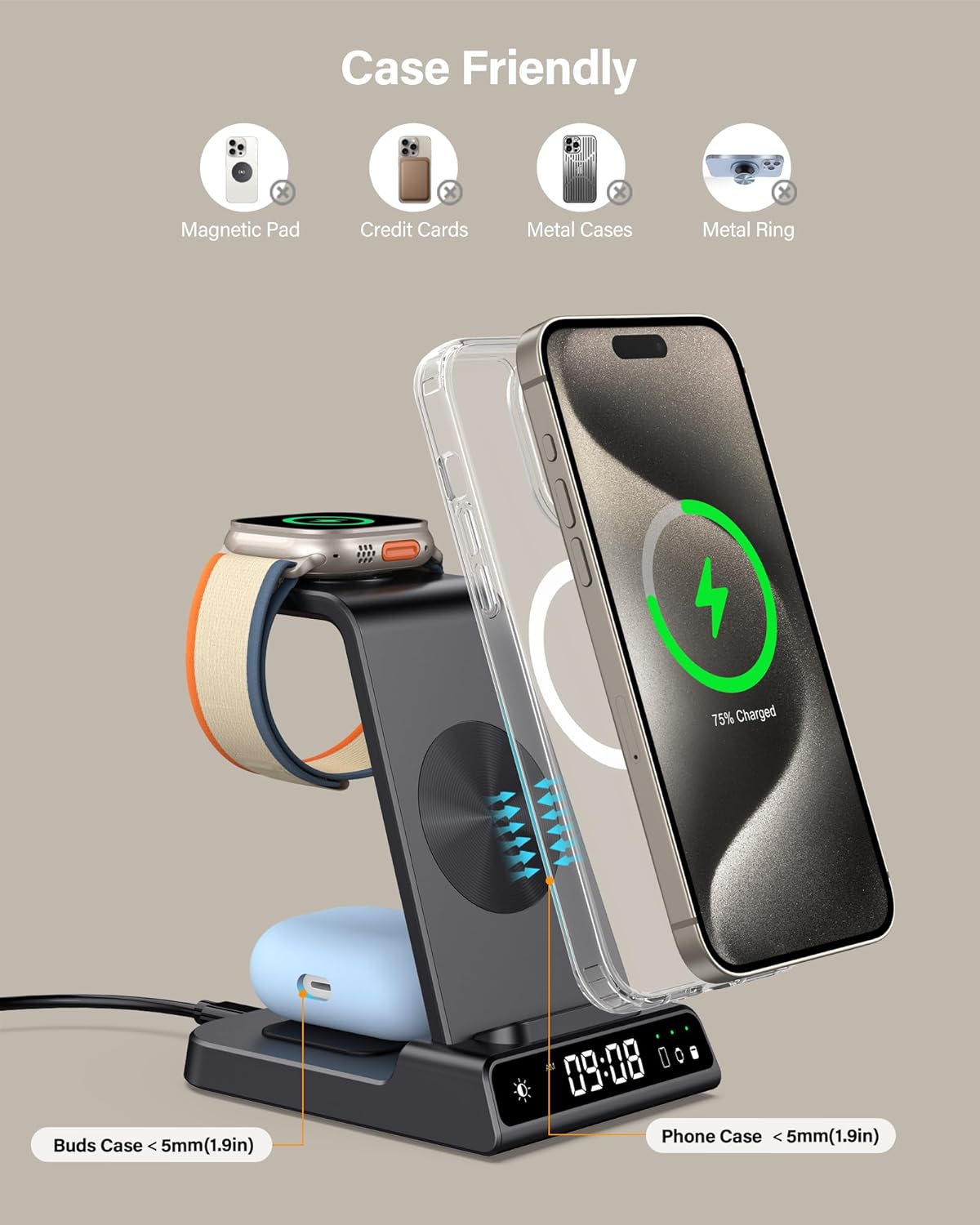 leChivée Wireless Charger for Apple Devices, 3 in 1 Wireless Charging Station Dock for iPhone 16 Pro Max/16 Pro/15/14/13/12, Apple Watch Charger for iWatch Ulltra 2/9/8/7/SE/6/5/4/3, AirPods Pro/4/3