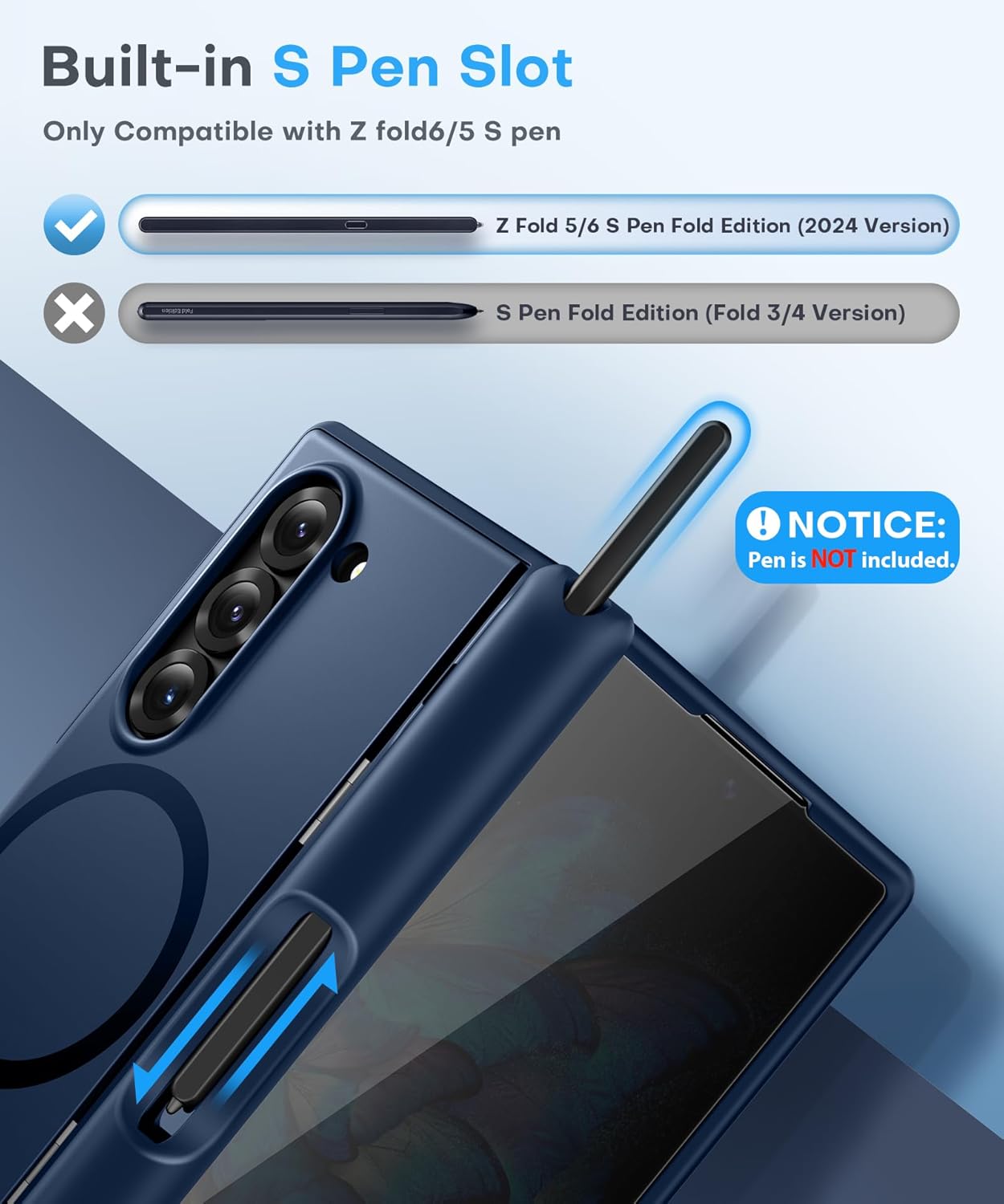 BERFY Magnetic for Samsung Galaxy Z Fold 6 Case with Privacy Screen Protector, [Compatible with MagSafe][Anti Spy]Built-in S Pen Holder & Kickstand, Full-Body Shockproof Phone Case for Z Fold 6, Blue