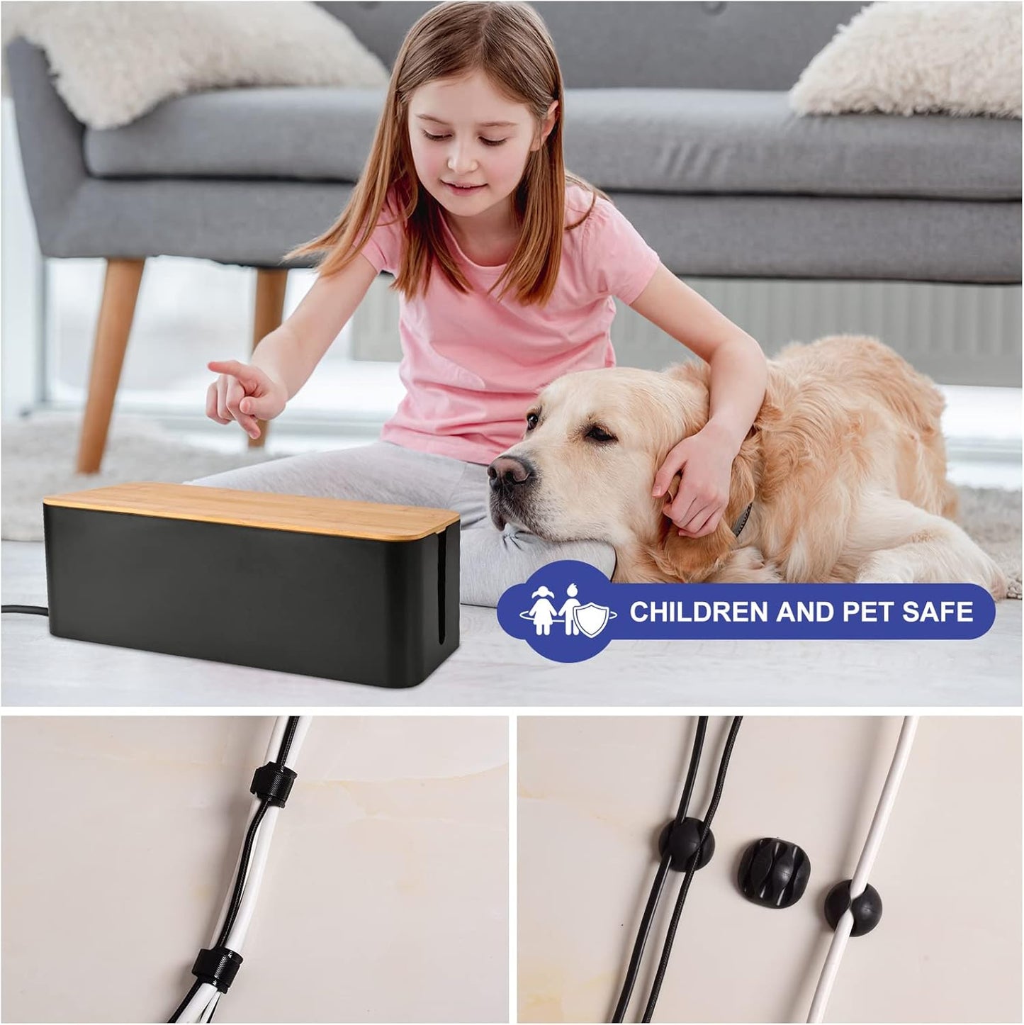 Cable Management Box - Wooden Style Cord Organizer Box to Hide Wires & Power Strips | Desk Computer Cable Organizer Box | Safe ABS Material | 12.6" (L) x 5.3" (W) 4.9" (H) | for Home & Office - Black