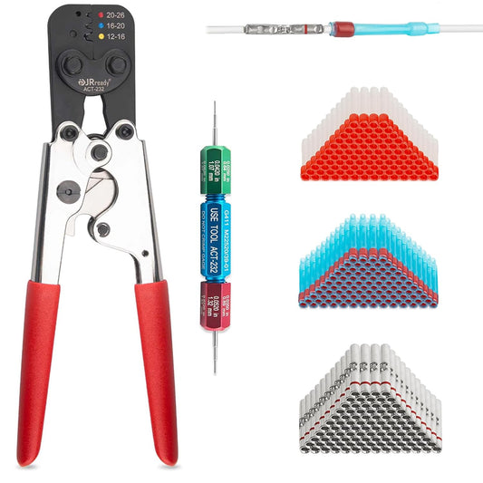 JRready ST6488-20-100 Heat Shrink Butt Splice Connectors 100 Sets 26-20AWG Butt Crimp Splices with PVDF Tubes Waterproof Environmental Splice Connectors with ACT-232 Crimp Tool G411 Go-No Go Gauge