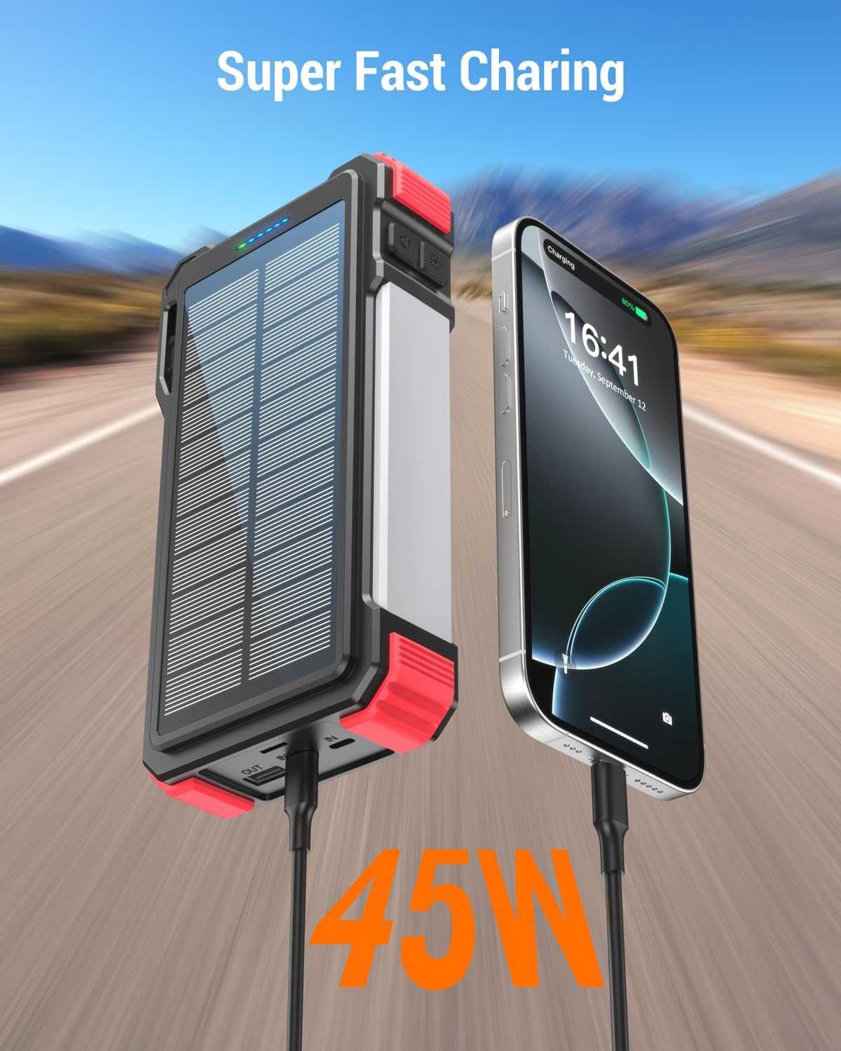 BLAVOR 45W Solar Charger Power Bank - 74000mwh Wireless Portable Charger Built-in Cables, PD QC Fast Charging Battery Pack with USB C for Cell Phones, Dual Flashlight & Carabiner for Camping, Hiking