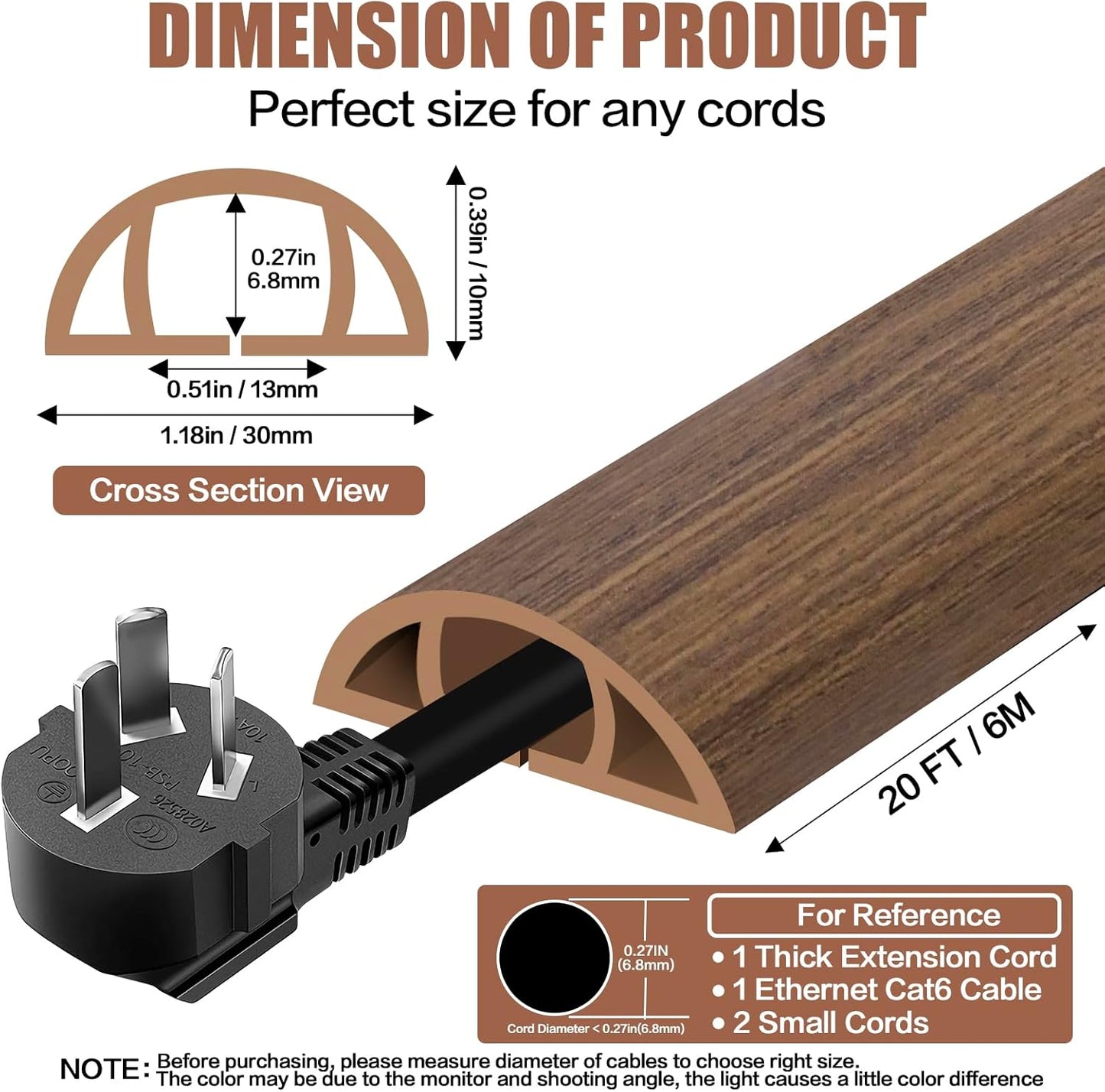 Floor Cord Cover Cable Cavity Self Adhesive Cord Hider Floor 10FT Floor Cable Management Power Cord Protector Floor Electric Cord Covers for Offices, Gym, Exhibitions (Misty Brown Wood, 1.18" x 20')