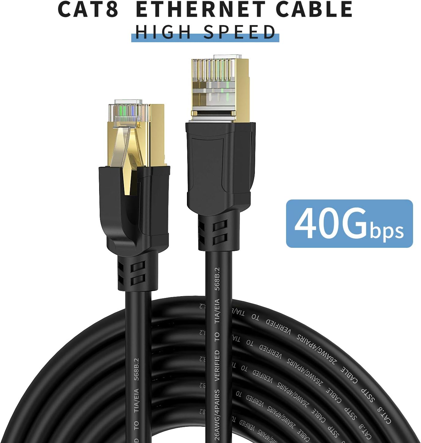 Cat8 Ethernet Cable 200ft, Internet Network Cord, 40Gbps 2000Mhz LAN Wires, High Speed SSTP LAN Cables with Gold Plated RJ45 Connector for Router, Modem, Gaming, Xbox (200ft)