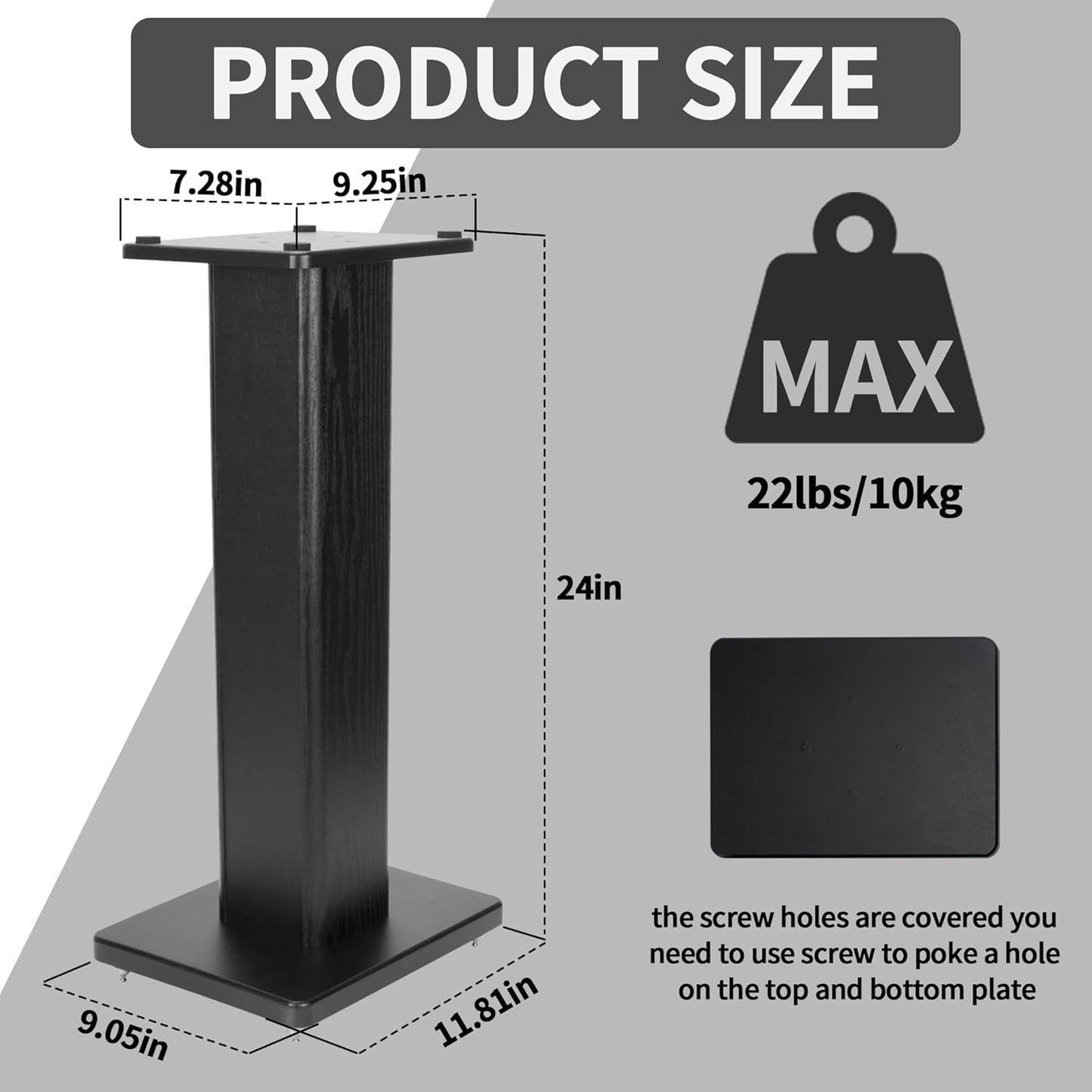 24 Inch Speaker Stands Wood Grain Universal Floor Speaker Stands Pair Heavy Duty Surround Sound Speaker Monitor Stand for Home Theater with Sand Filling Tuning Function - Black