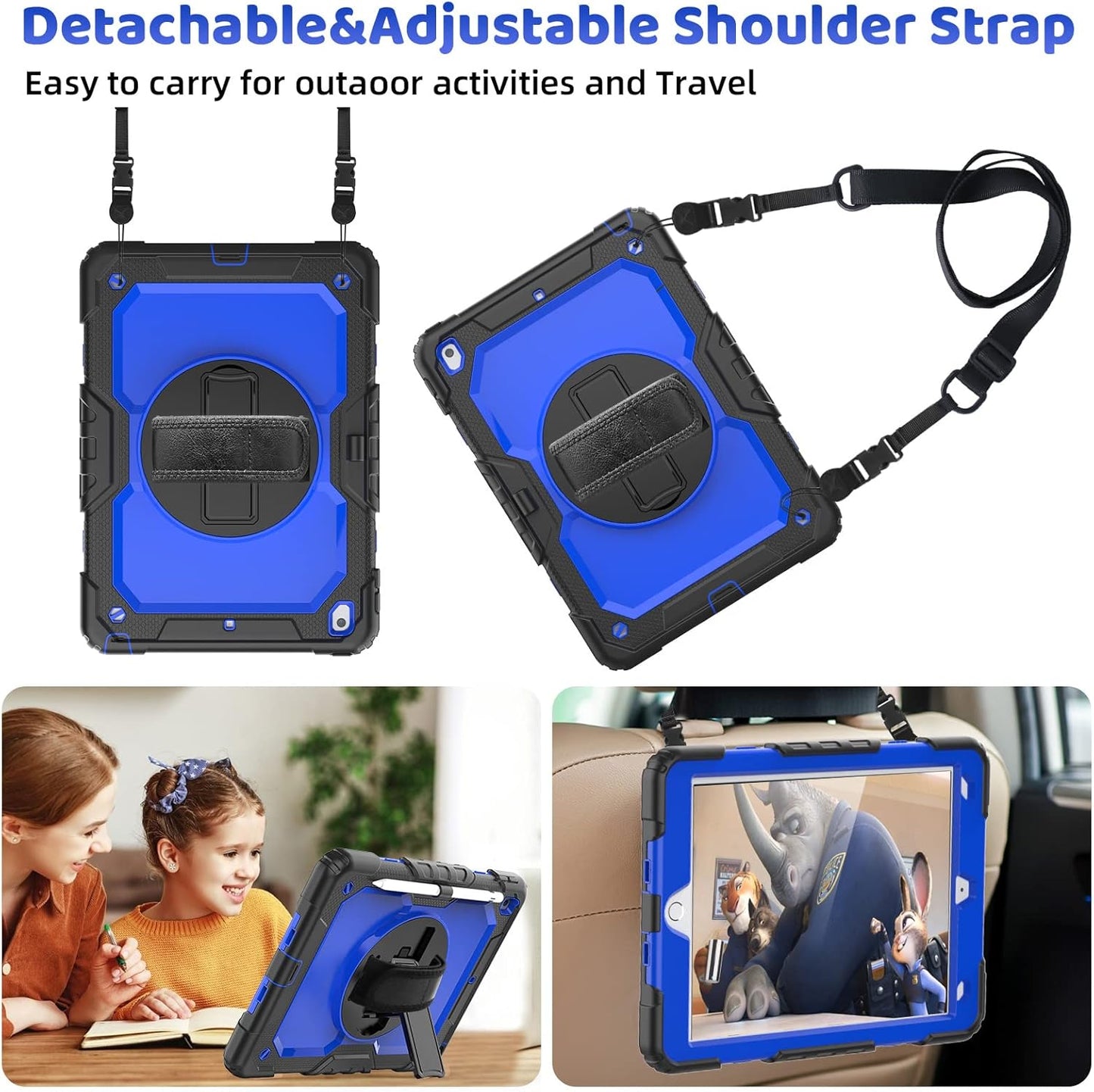 BLOSOMEET Case for iPad 8th 9th Generation 2020 2021 10.2 Inch with Tempered Glass Screen Protector & Pencil Holder,Rugged iPad 7th Gen 10.2 Case Cover 2019 w/Stand Hand Shoulder Strap,Blue