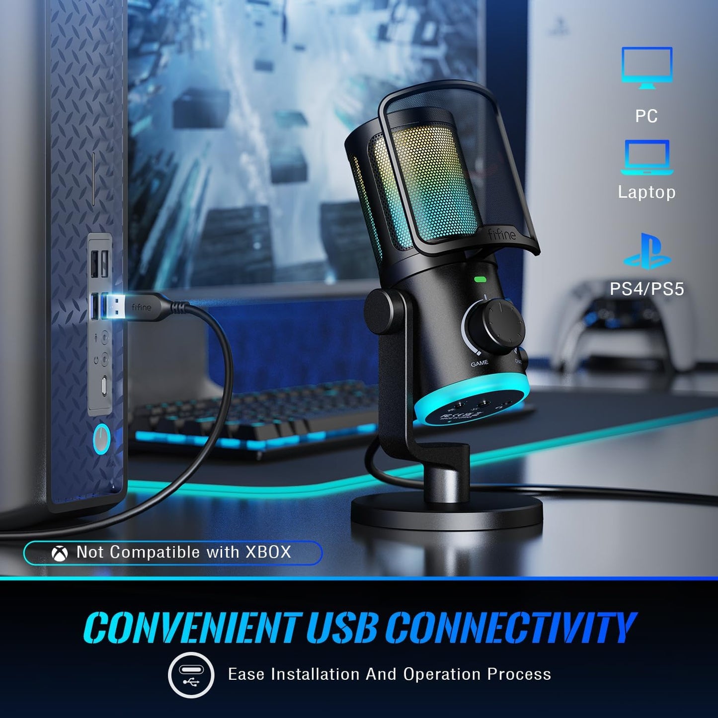 FIFINE Gaming PC Microphone, USB Streaming Microphone with Game Chat Balance, Computer Condenser Desktop RGB Mic with Mute Button, Noise Cancellation for Podcast/Twitch/Discord-AMPLIGAME AM6