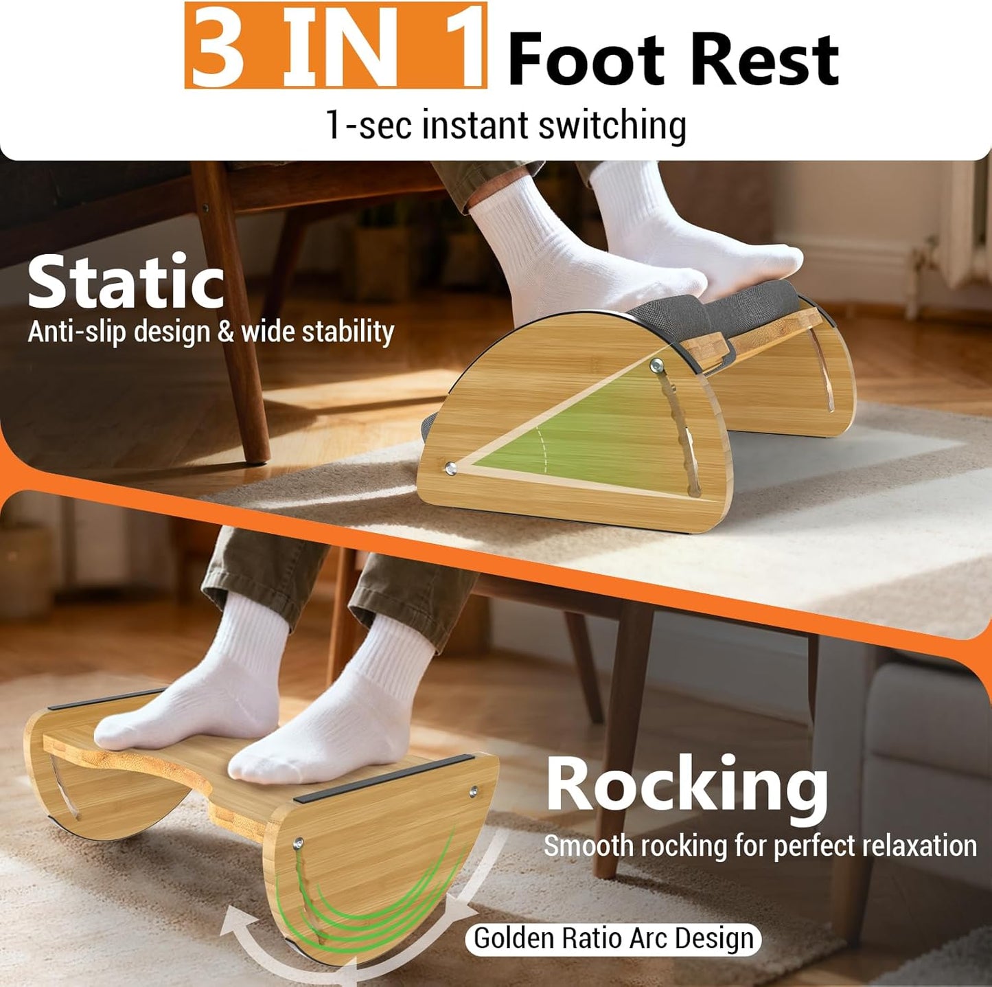 Bamboo Foot Rest for Under Desk at Work - 3-in-1 Reversible Rocking Desk Footrest with Foam Cushion Pad and 6 Adjustable Heights, Ergonomic Foot Rest with Washable Cover for Home, Office and Gaming