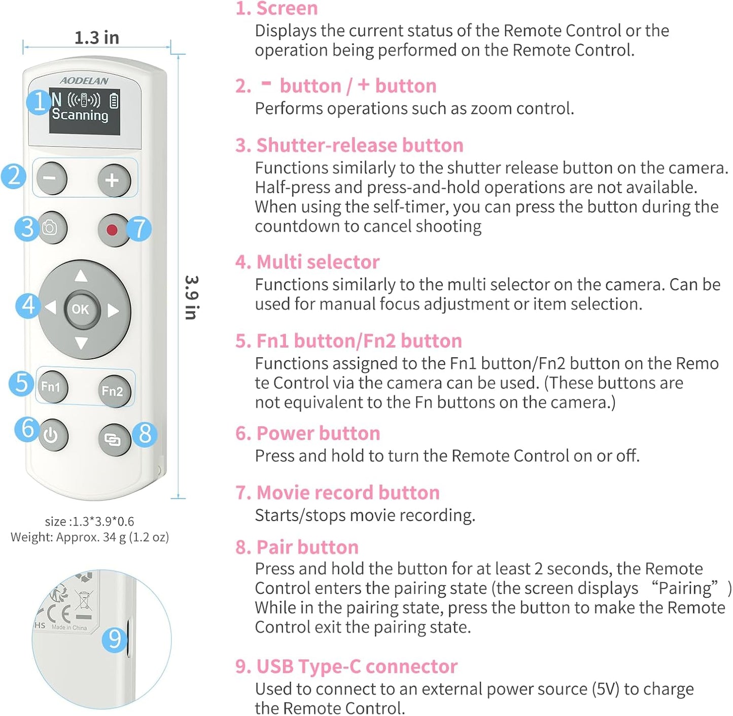 Rechargeable Shutter Release for Nikon AODELAN Wireless Camera Remote Control Compatible with COOLPIX P1000, P1100, P950, B600, A1000, Z50, Z30, Z fc, Z6 II, Z7 II,Z5, Replaces Nikon ML-L7(White)