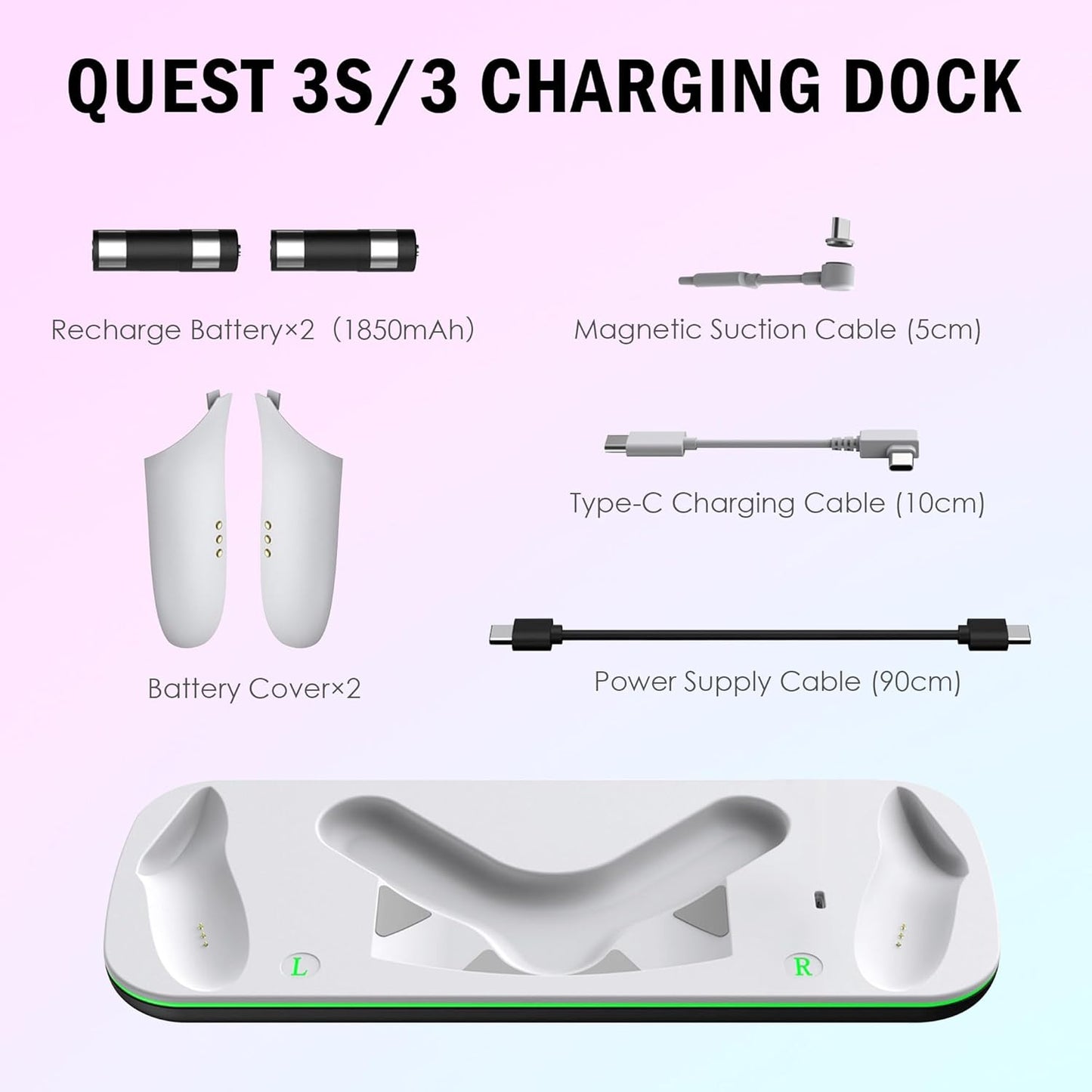 Charging Dock for Quest 3S, VR Stand for Meta Quest3, Charge Station for Oculus Quest 3S Supports Headset with Type-C Magnetic Suction Cable and Rechargeable Battery to Fit Controller