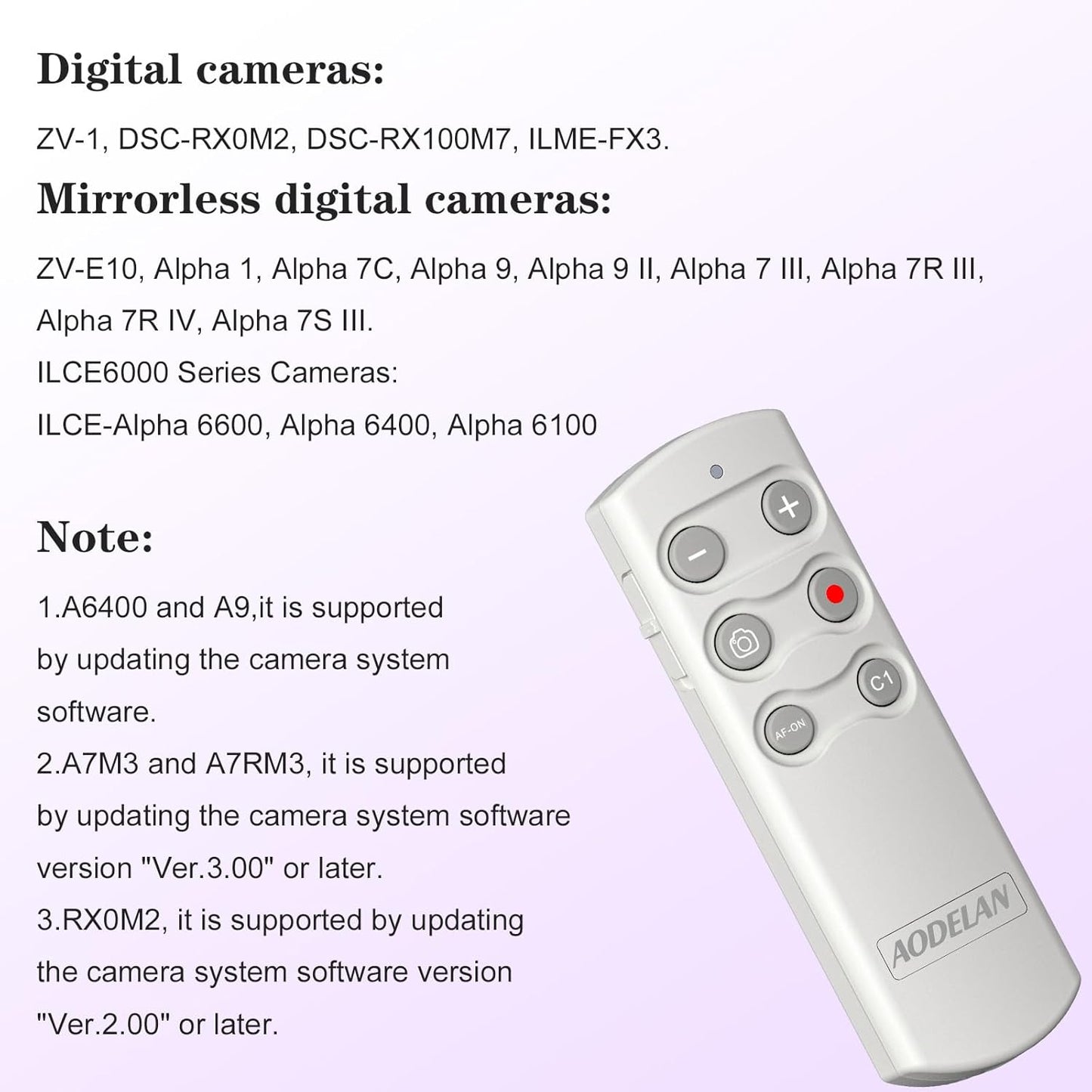 AODELAN Camera Wireless Shutter Release Remote Control for Sony ZV-E10, FX3, ZV-1, A7SM3, A7C, A7RIV, Alpha 9,7R IV,7R III, 7 III, RX0 II, RX100 M7,6600, 6400, 6100, 9 II; Replces Sony RMT-P1BT