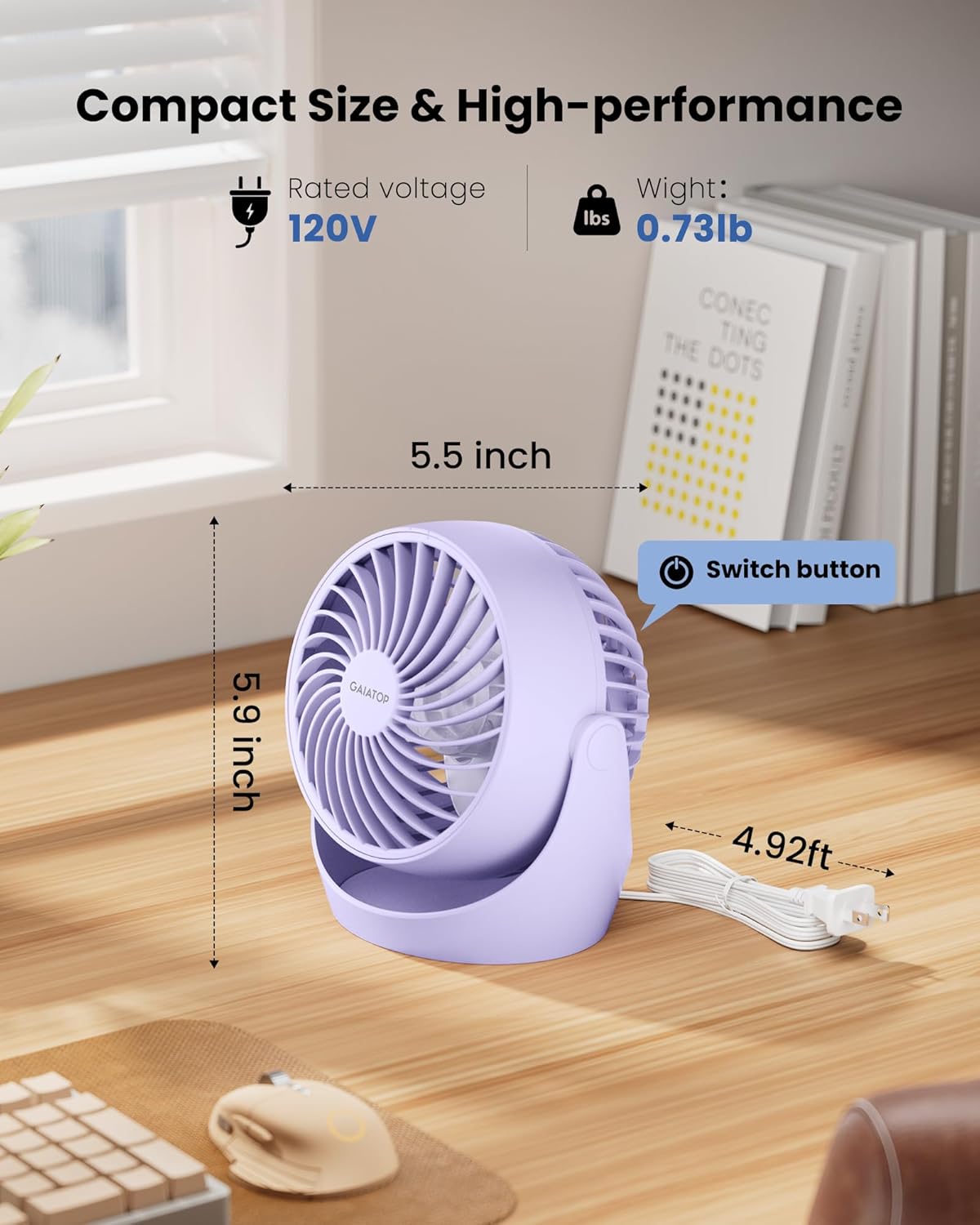 Gaiatop Desk Fan, 5-Inch Portable Electric Table Desktop Air Circulator Fans, Small but Powerful with 3 Speed 360° Adjustable Tilt for Cooling Home Dorm Office Bedroom Bathroom Kitchen, Purple