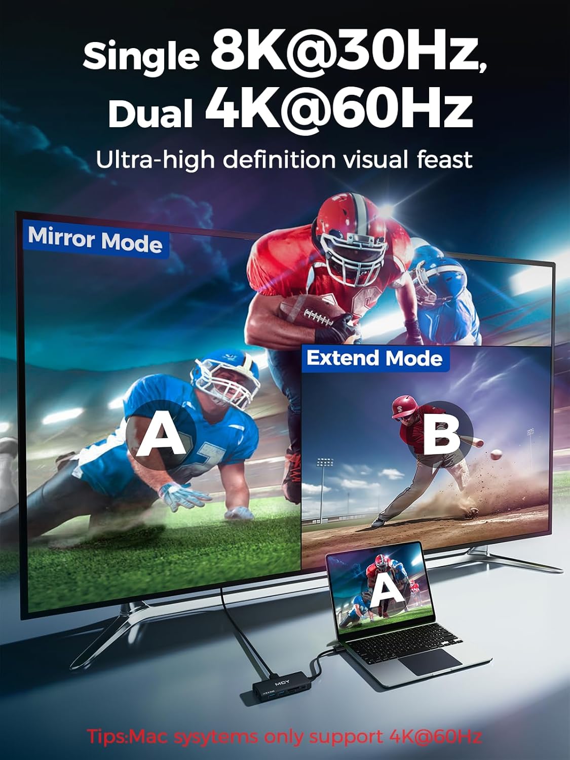 MCY USB C Hub,Laptop Docking Station Dual Monitor Single 8K,2x4K@60Hz,10 in 1 Type-C Multiport Adapter with 2 HDMI,PD100W,Extender Splitter,Card Reader,Ethernet Dock for Mac/Dell/HP/Surface/Steam Deck