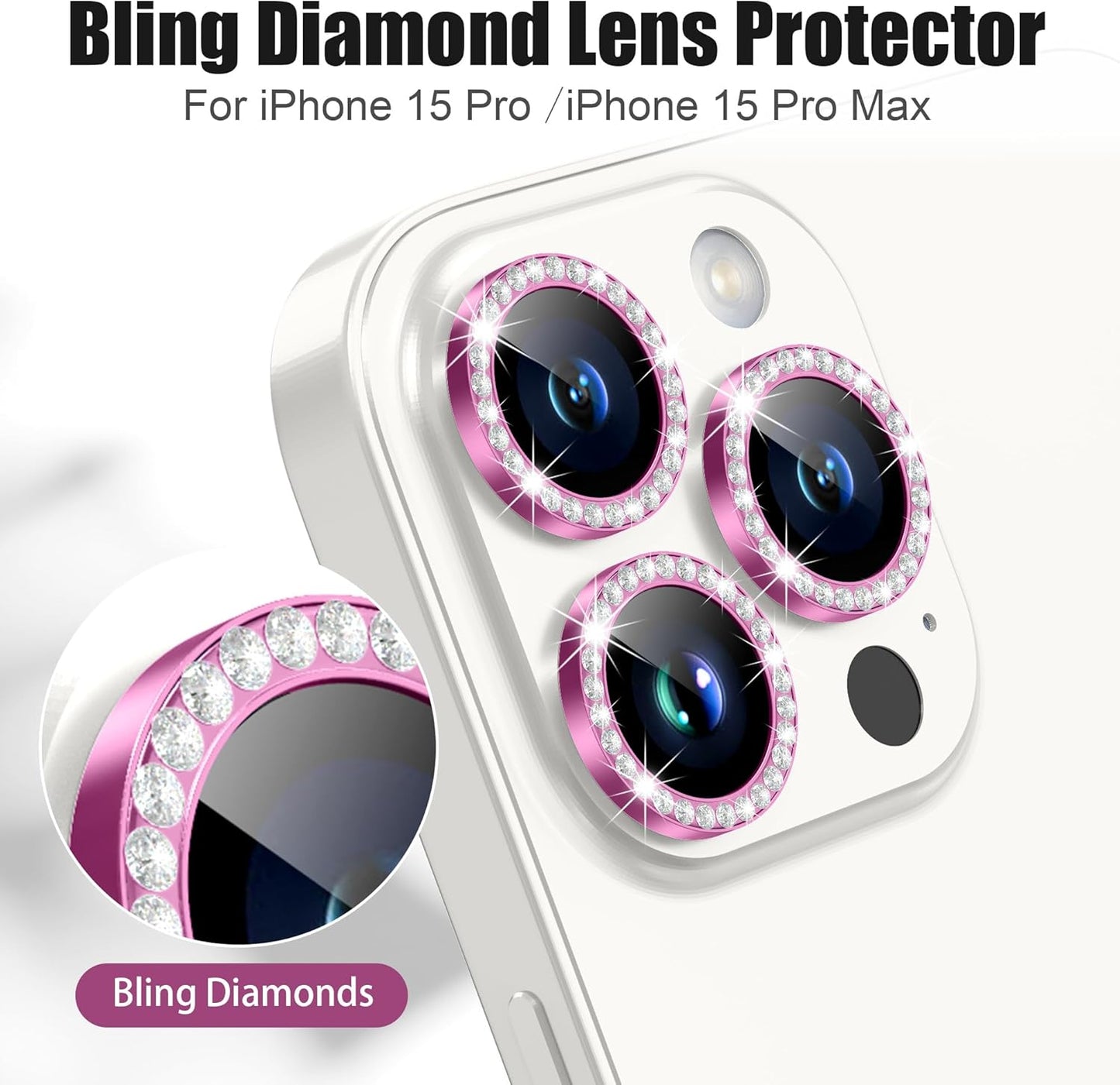 AGVEE 3+3 6 Pack for iPhone 15 Pro 6.1" / 15 Pro Max 6.7" Camera Lens Cover Protector, Bling Diamond & Bling Glitter Metal Ring 9H Tempered HD Glass Camera Cover Protector Film, Bling-Rose