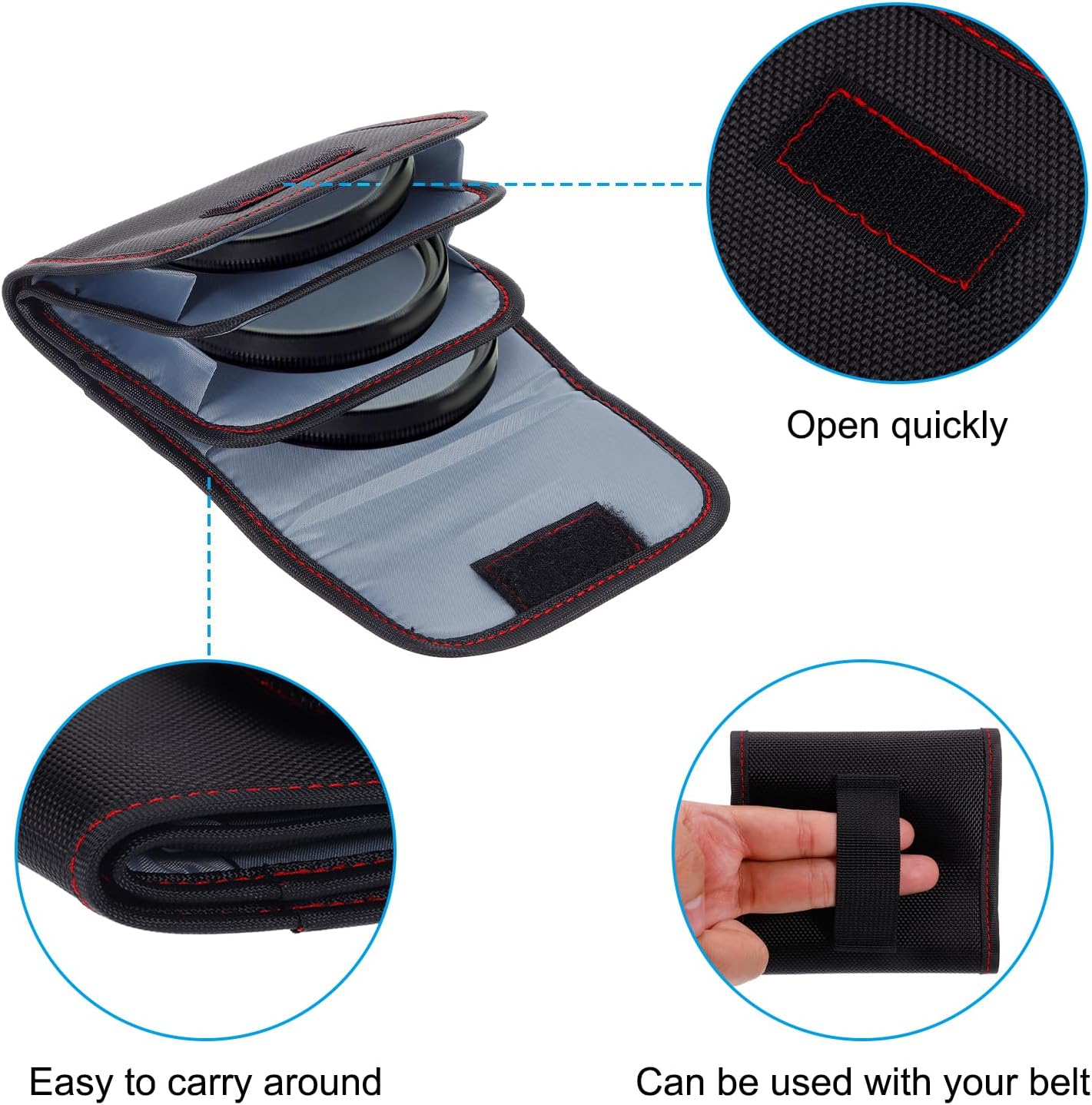 PATIKIL Lens Filter Case, 3-Pocket Camera Filter Case Portable Lens Filter Pouch Photography with Belt Loop Fit Camera Bag Strap Pocket Drone for 25mm-82mm, Black Red