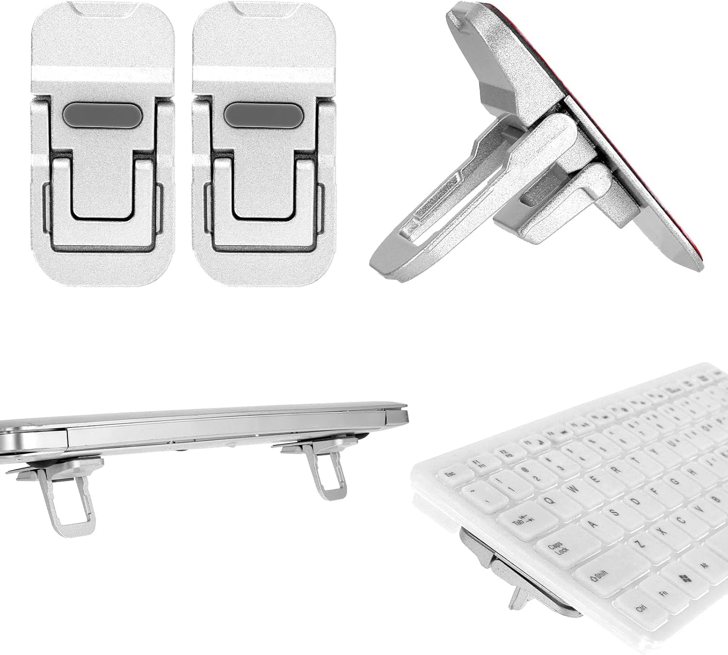 Bewudy 2 Pcs Portable Keyboard Riser With Dual Tilt Angle Adjustment, Foldable Laptop Stand, Mini Computer Stand for Desk, Self-Adhesive Feet for Most Keyboards (Silver)