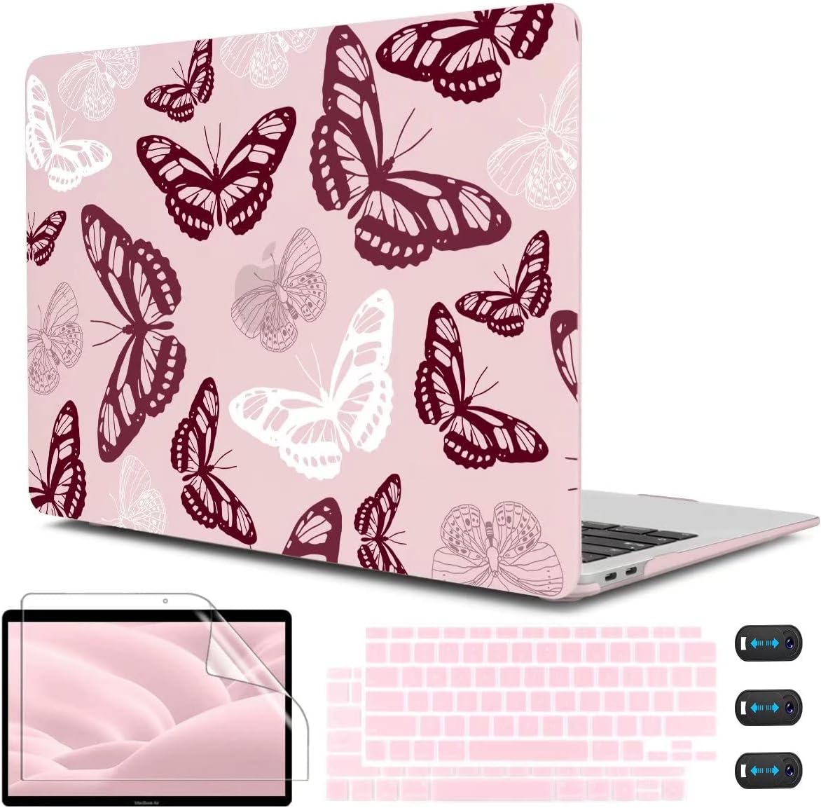 CISSOOK Butterfly Case for MacBook Air 13 Inch Pink 2021 2020 2019 2018 Release Model A2337 M1 A2179 A1932, Pink Cover with Keyboard Cover for MacBook Air 13 with Retina Display and Touch ID