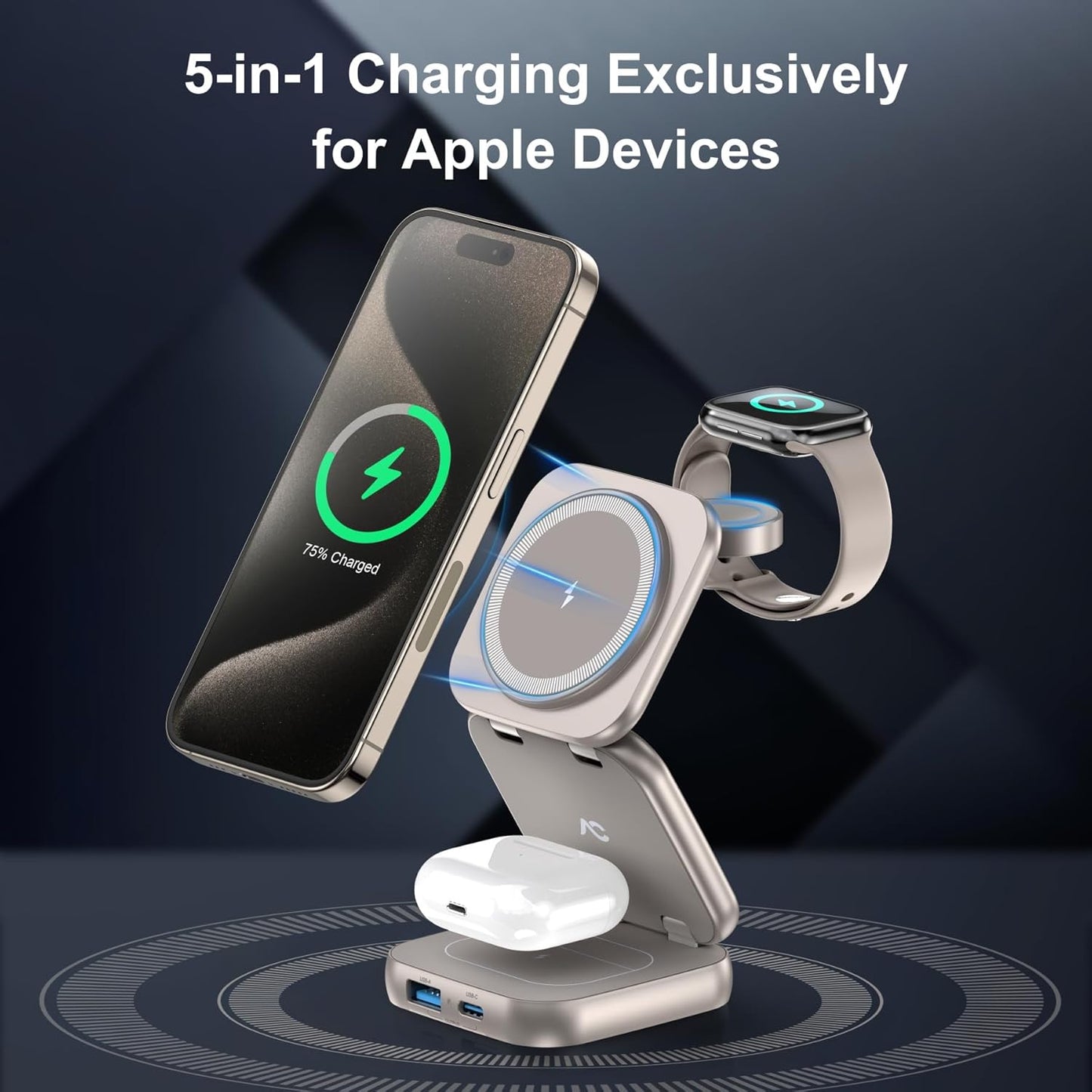 5-in-1 Wireless Charger for MagSafe, AC ISLAND Portable Travel Charging Station, 15W Max Fast Foldable Magnetic Stand, Evolved for iPhone 16/15/14/13 Series, Apple Watch, AirPods (with 35W Adapter)