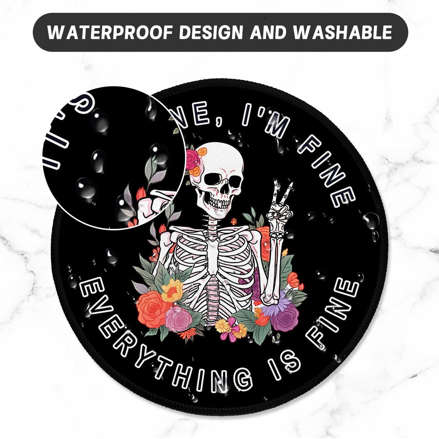 ITNRSIIET Round Mouse Pad with Stitched Edge Premium-Textured Waterproof Non-Slip Rubber Base Desktop Protection Mat Diameter 8.7 inches, Flower Skull