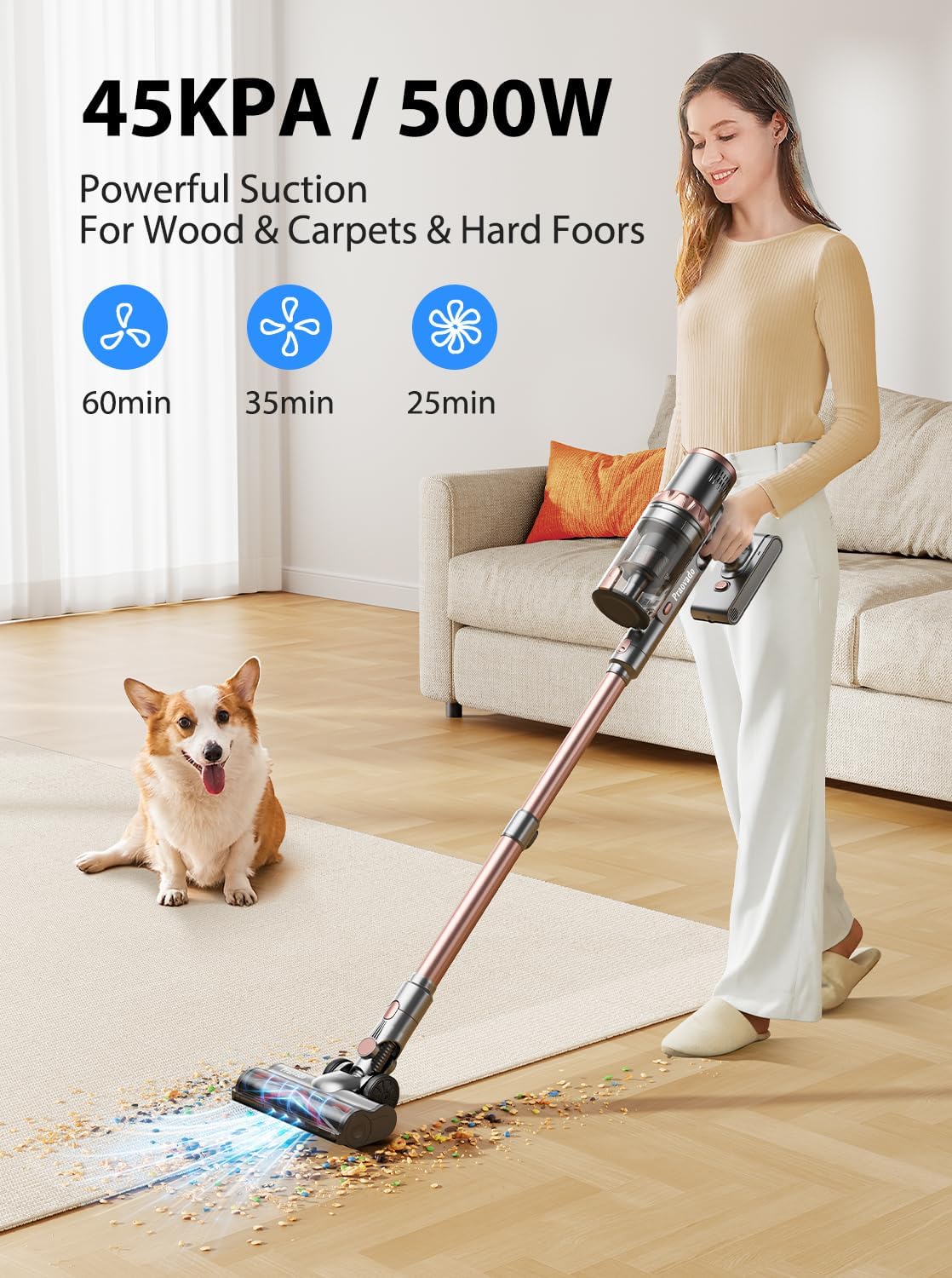 Cordless Vacuum Cleaner Handheld Vacuums 500W/45Kpa Lightweight Stick Vacuums Powerful Suction with 60min Runtime for Home Pet Hair Car
