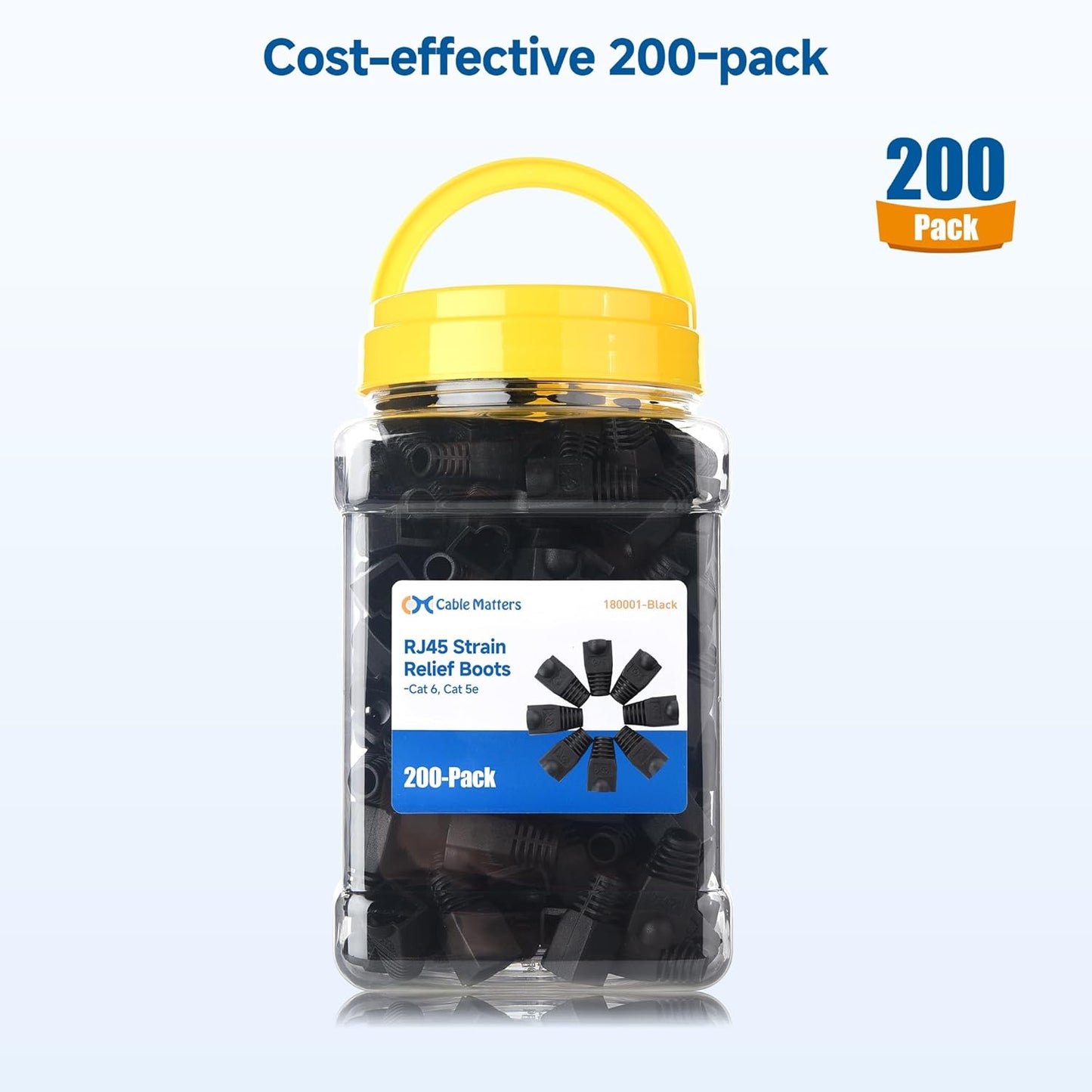 Cable Matters 200-Pack Cat6 / Cat5e RJ45 Strain Relief Boots, RJ45 Boot, Cat 6 Boot, Cat6 Ethernet Boots, Black, Suitable for 6.5mm (0.25in) Ethernet Cables