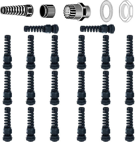 10 Pack Black Nylon Cable Gland, NPT 1/2" Thread, Made of PA66 Material, High Wear Resistance and Chemical Resistance (Black, PG9(20Pcs))