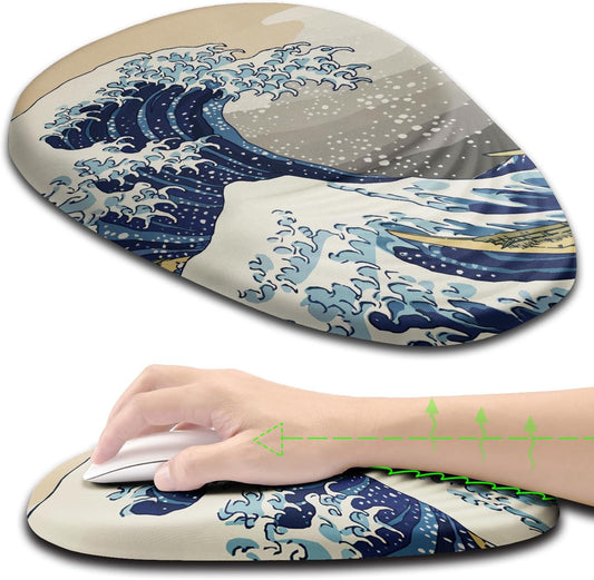 Ergonomic Mouse Pad Wrist Rest, Japanese Sea Wave Mouse Pad with Wrist Support, Memory Foam Massage Design & Non-Slip PU Base MousePads for Pain Relief, Desk, Office, Home, Kanagawa Wave