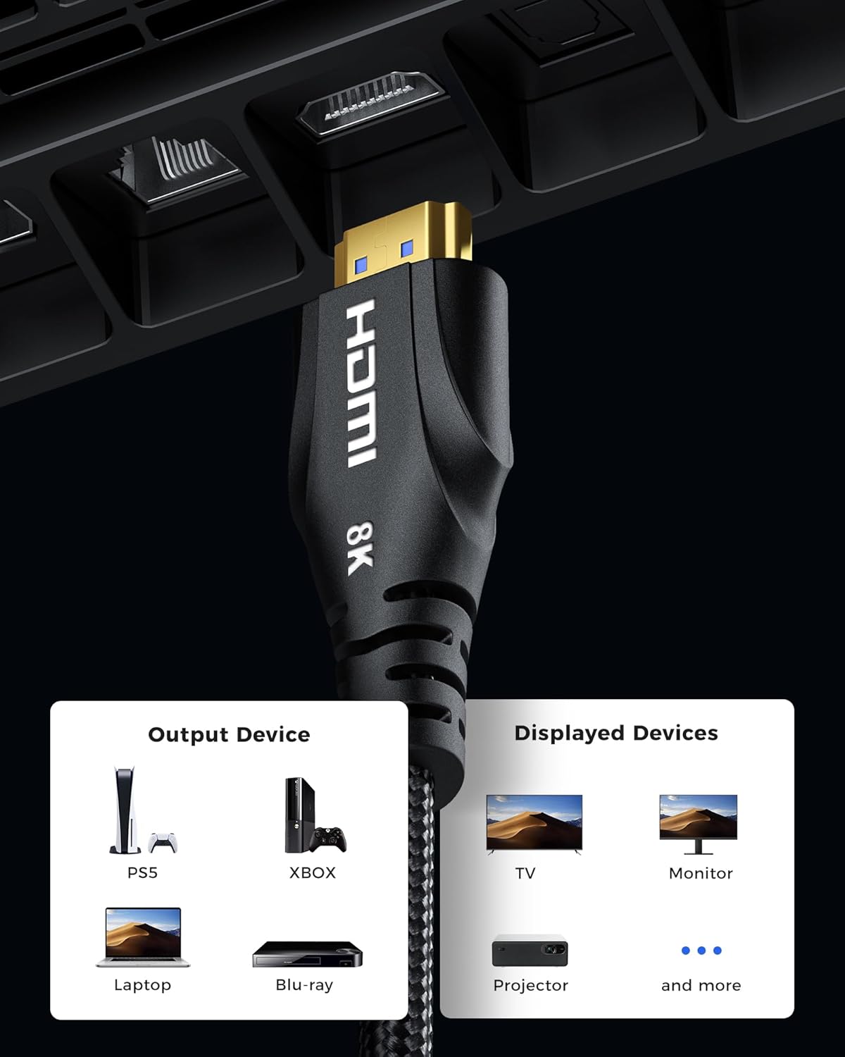 HDMI Cable 10FT - 8K Ultra High Speed HDMI Cable Certified - 48Gbps,8K 60hz,4K 120hz,Braided,eARC,HDCP 2.2-2.3 - Compatible with PS5,Monitor3.3,UHD TV
