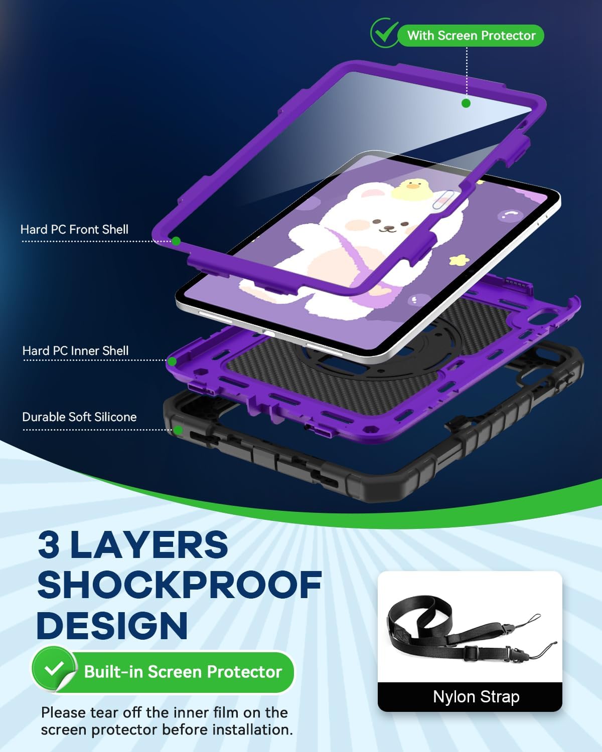 Cantis Case for iPad 11-inch (A16) 2025/ iPad 10th Generation 2022 (10.9 inch) with Screen Protector, iPad 11th Case with 360 Degree Rotating Stand/Shoulder Strap/Pencil Holder, Black+Dark Purple