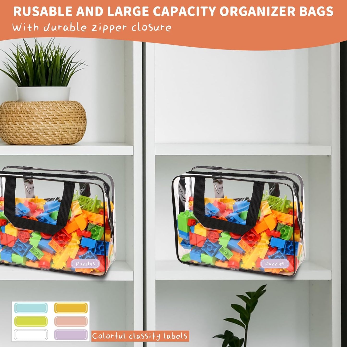 18 Packs Large Toy Storage Bags with Labels, Waterproof Clear Pvc Storage Bags for Toys, Travel Organizer Bags with Zipper Closure for Puzzles, Building Blocks, Kids' Books