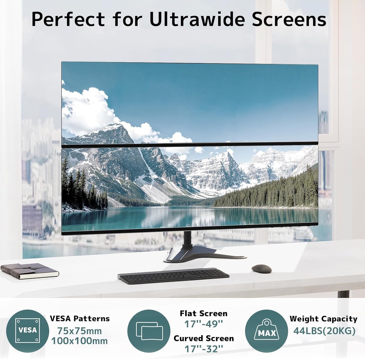 Dual Monitor Stand Heavy Duty - 17-49 inch Freestanding Vertical Dual Monitor Arm, Adjustable Stacked Double Monitor Desk Mount, Max Load 44 lbs (per Screen), VESA 75/100 mm, Black