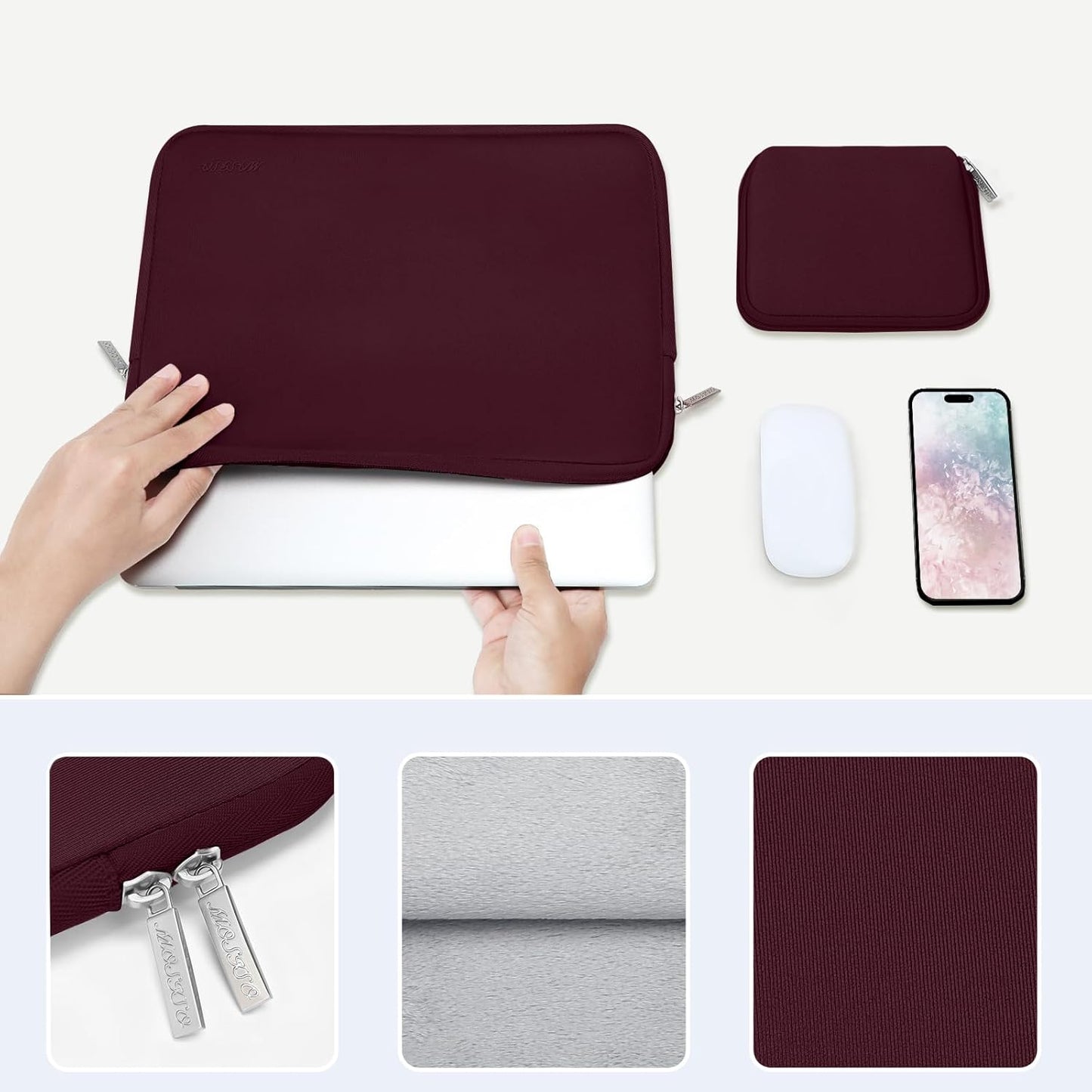 MOSISO Laptop Case 13.3 inch, 13-13.3 inch Laptop Sleeve Bag Compatible with MacBook Air/Pro 13 / Pro 14, HP Dell ASUS Lenovo Notebook, Neoprene Computer Sleeve Bag with Small Case, Wine Red