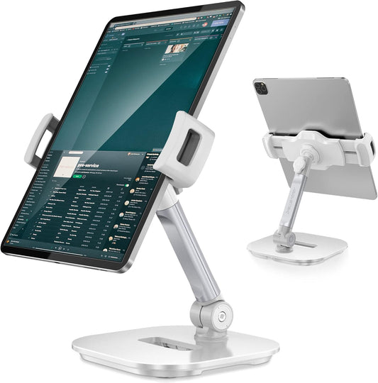 AboveTEK Upgraded Desktop Tablet Stand, 360° Swivel Tablet & Phone Desk Mount Holders for Any 4.7''-13.5'' Display iPad/Cell Phones, Stylish & Sturdy Stands for Store Office Showcase Reception (White)
