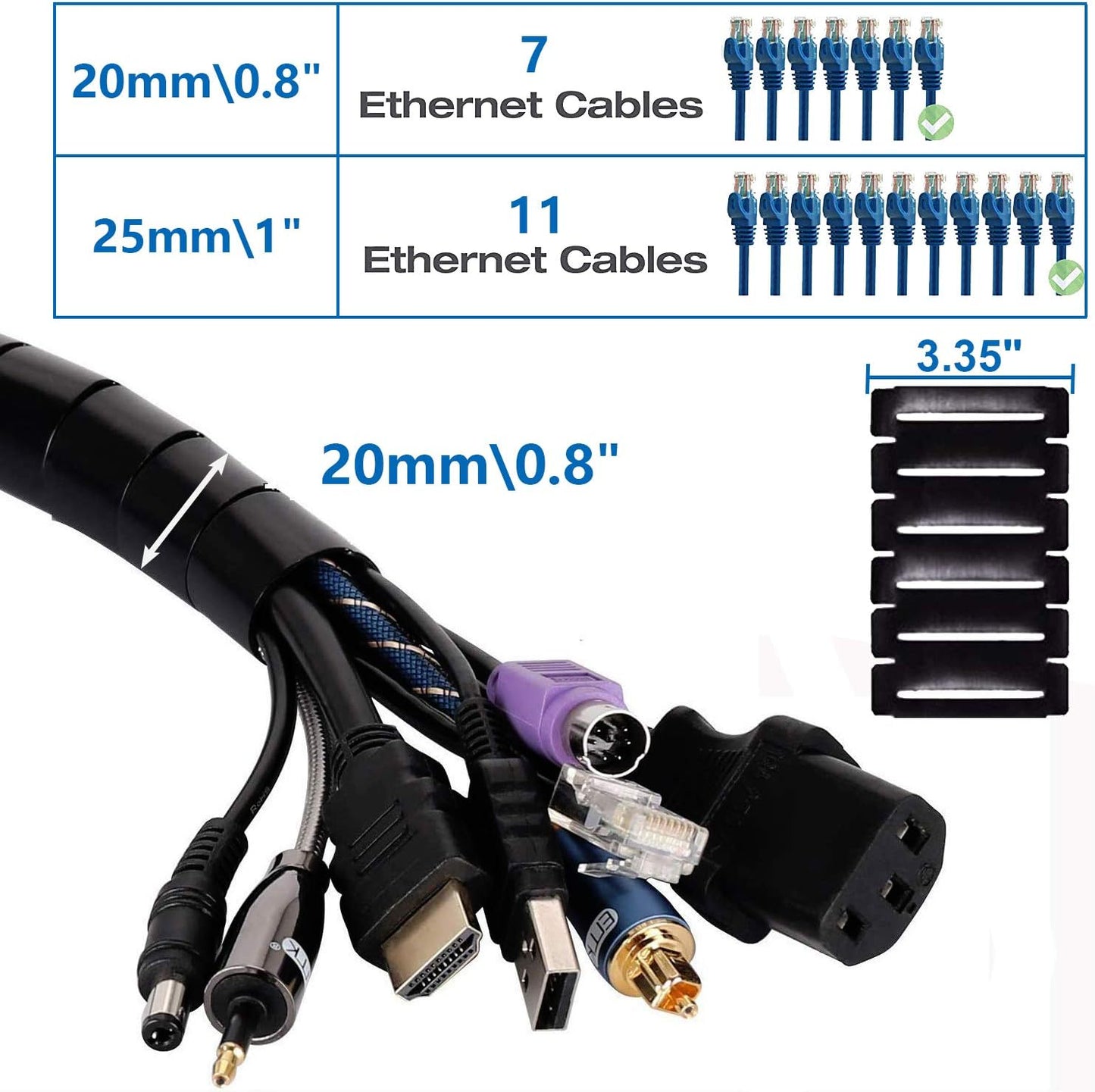 10FT Cable Management Sleeve Cord Bundler 0.8" Diameter w/Zip Clip Zipper Wire Wrap Cord Organizer Cable Tube Hider Flexible & Expandable Home & Office Wire Concealer for PC TV Computer Cinema