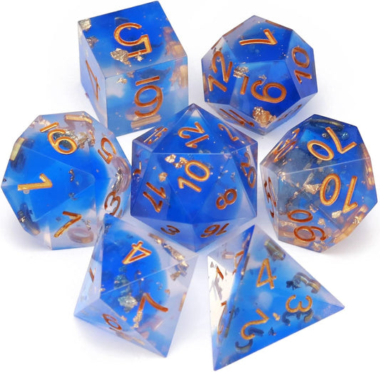 Haxtec Blue DND Dice Set Sharp Edge Resin Dice Gold Flakes with Dice Case D&D Dice for RPG Role Playing Games Compatible with Dungeons and Dragons Gift War Series