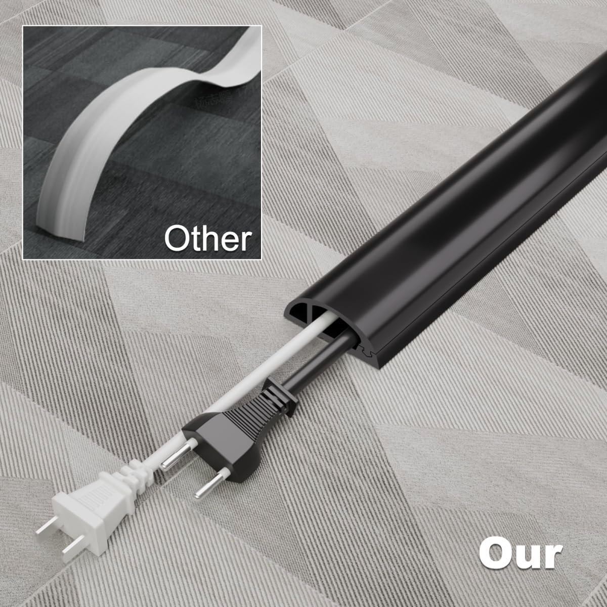 4FT Side-Open Extension Cord Covers for Wires on Floor,Silicone Power Cable Protector Cord Hider Management Strip,Hide Electric Wire on Carpet,Chord Runner Protective Safety Wiremold,Black