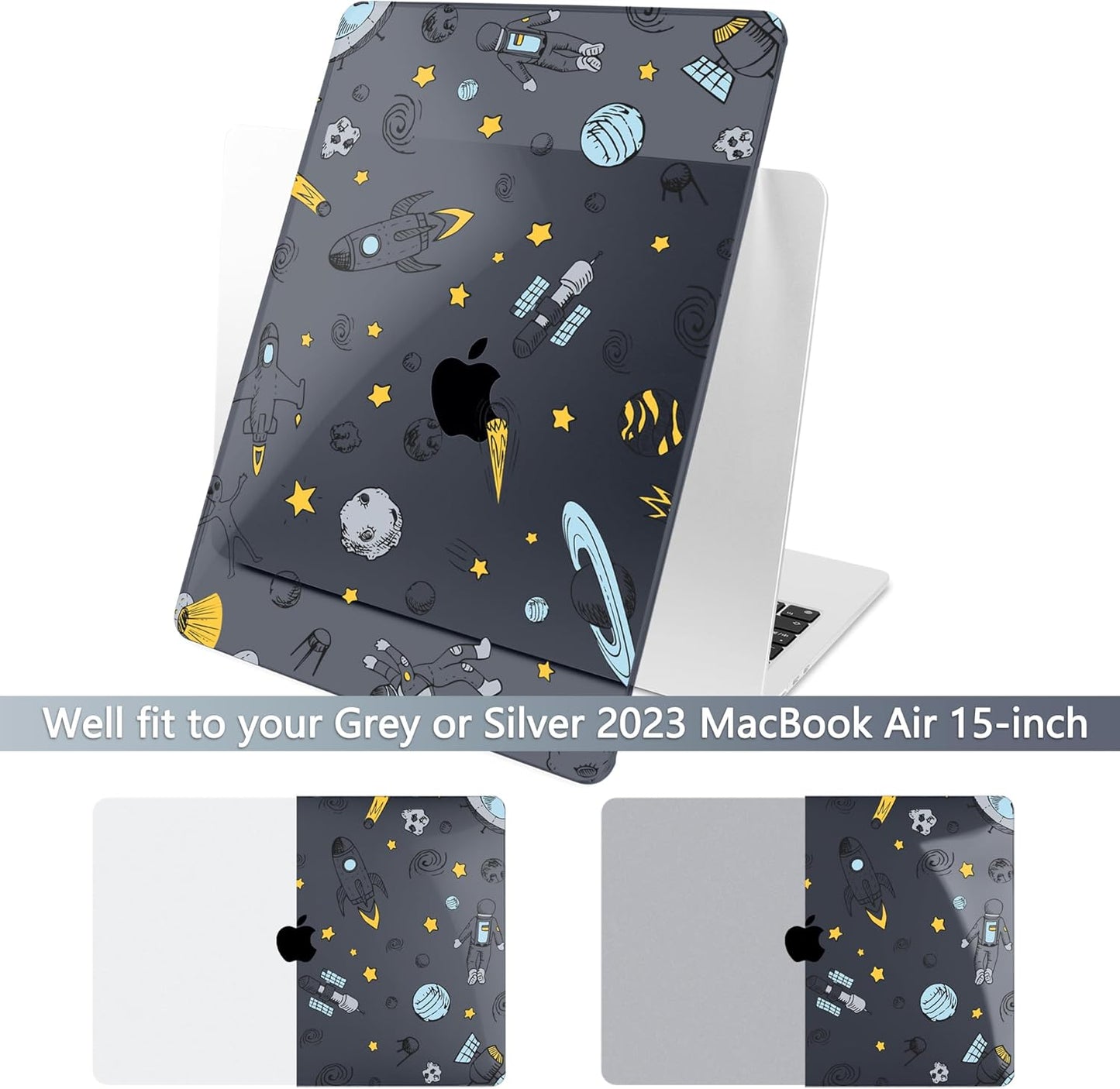 Batianda Premium Case for New MacBook Air 15 inch 2025 2024 2023 with M4 M3 M2 Chip, Designed Protective Plastic Black Hardshell & Keyboard Cover & Screen Protector, Hand Drawn Space