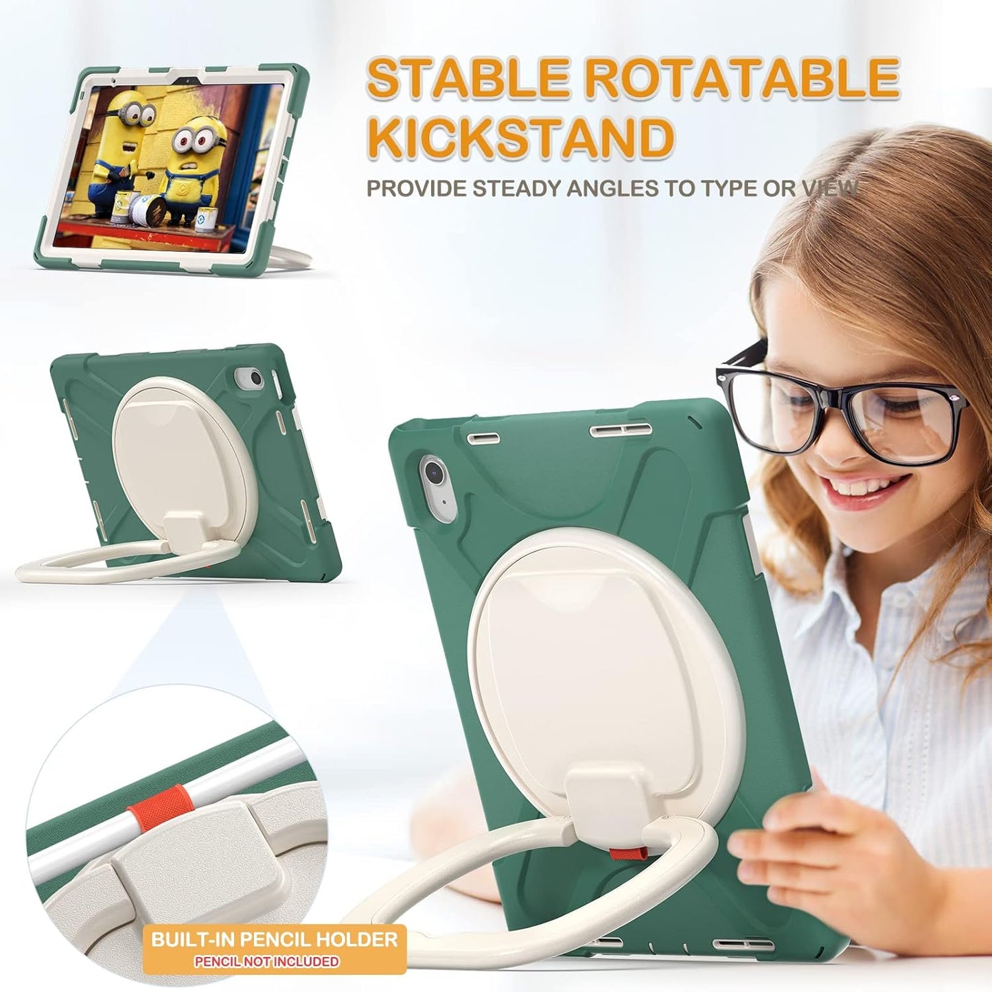 BRAECN Case for iPad (A16) 11th/10th Generation 11”/10.9'' 2025/2022-Heavy Duty Rugged Silicone Cover with Pencil Holder/Rotating Handle Grip/Stable Kickstand/Adjustable Shoulder Strap, Emerald Green