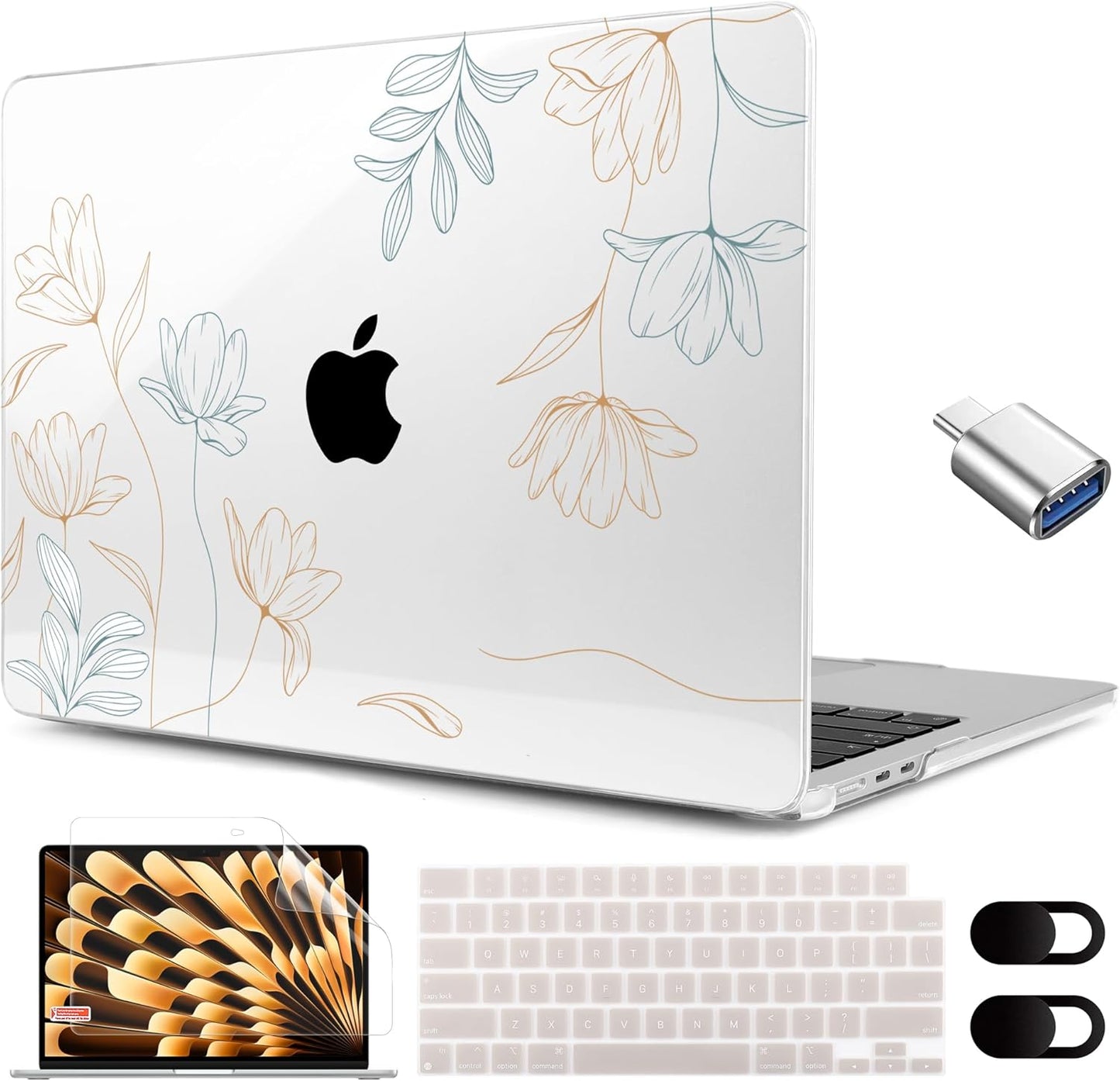 MEEgoodo for M4/M3/M2 MacBook Air 15.3 inch Case 2025 2024 2023, Case Fit Model (A3241/A3114/A2941) for MacBook Air 15 inch, Laptop Hard Shell with Keyboard Cover, Engraving Floral