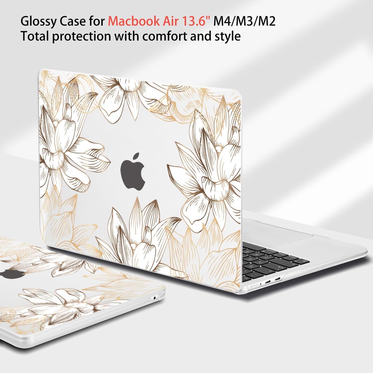 Teryeefi Compatible with M4 MacBook Air 13.6 inch Case 2022-2025 Release M3 A3113 M2 A2681 with Touch ID, Design Hard Shell Case+Keyboard Cover+Screen Protector+Type C Adapter, W-Gold Flower Line