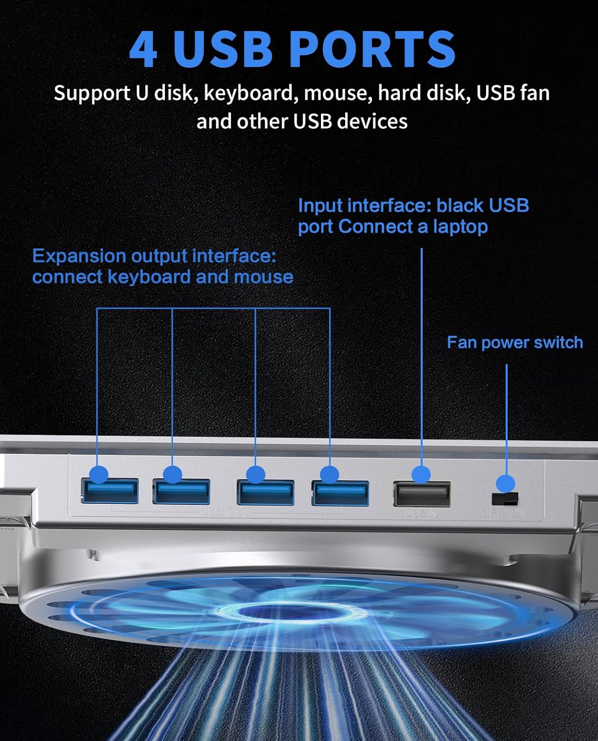 SOUNDANCE Laptop Cooling Pad with Upgrade Low-Noise Fan and 3.0 USB Hubs, Ventilated Laptop Cooler Prevent Overheating, Adjustable Ergonomic Laptop Stand Support Up to 16” Gaming Notebook Computer