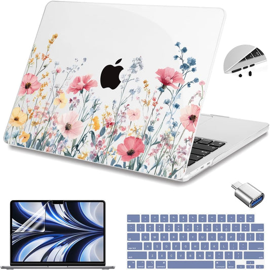 Teryeefi for MacBook Air 13.6 inch Case M4 A3240/M3 A3113/M2 A2681 (Released 2025 to 2022), Hard Shell + Keyboard Cover+ Screen Protector+Dustplug + Type-C Adapter, Wild Flowers A010
