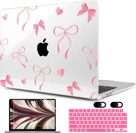 MEEgoodo Case for M4/M3/M2 MacBook Air 13.6 inch Case 2025 2024 2022, Fit Model A3240/A3113/A2681, Laptop Hard Shell with Keyboard Cover Compatible with MacBook Air 13 inch, Pink Ribbons Bows
