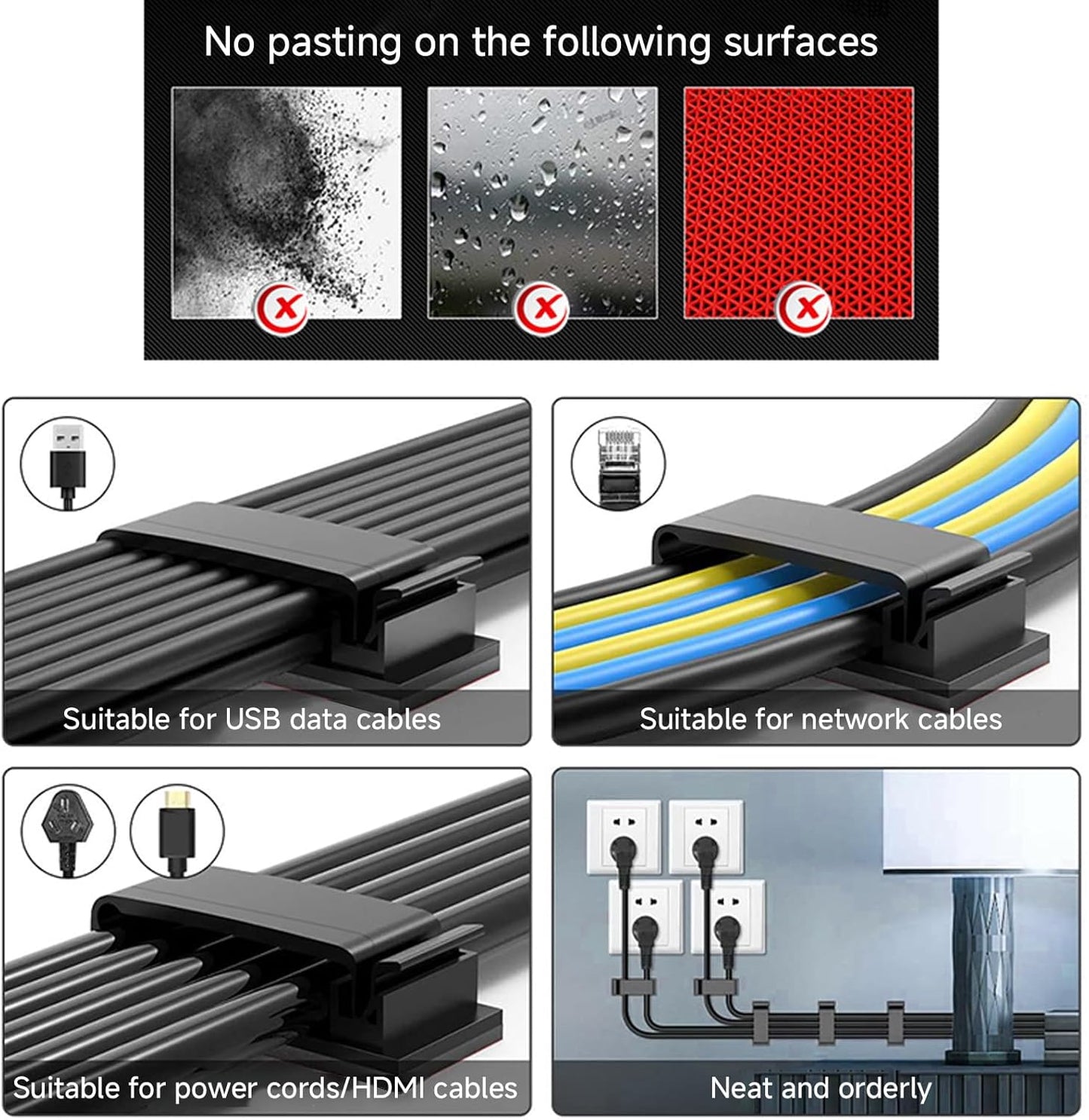 Adhesive Cable Clips Holder, Outdoor Light Clips, Black Cord Wire Clips, Sturdy Nylon Cord Wall Finisher Wire Clamp for Home, Car, Office Desk Wire Management (Black, XL-80 PCS)