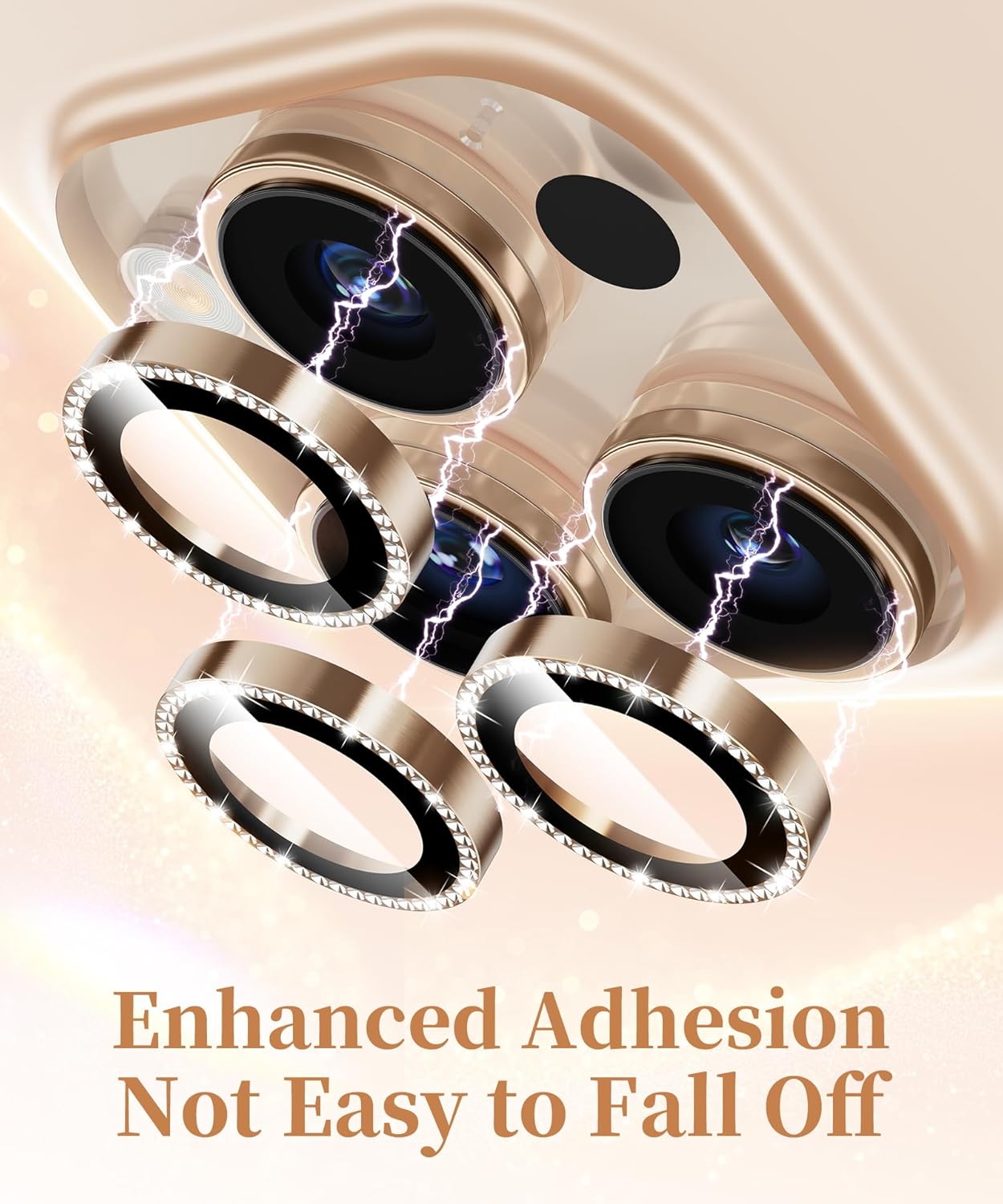 GolbinBox Camera Lens Protector for iPhone 16 Pro Max/16 Pro, 1:1 Invisible Fit, 9H Tempered Glass Ultra HD Metal Individual Camera Cover Screen Protectors for Women, Case Friendly, Bling/Desert Gold