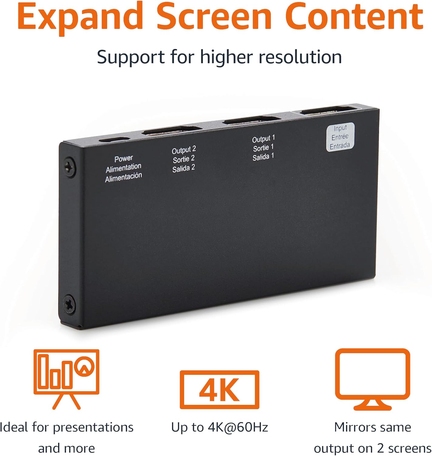 Amazon Basics HDMI Splitter 1 in 2 Out, 4K@60Hz for Dual Monitors, Mirror Only, Black