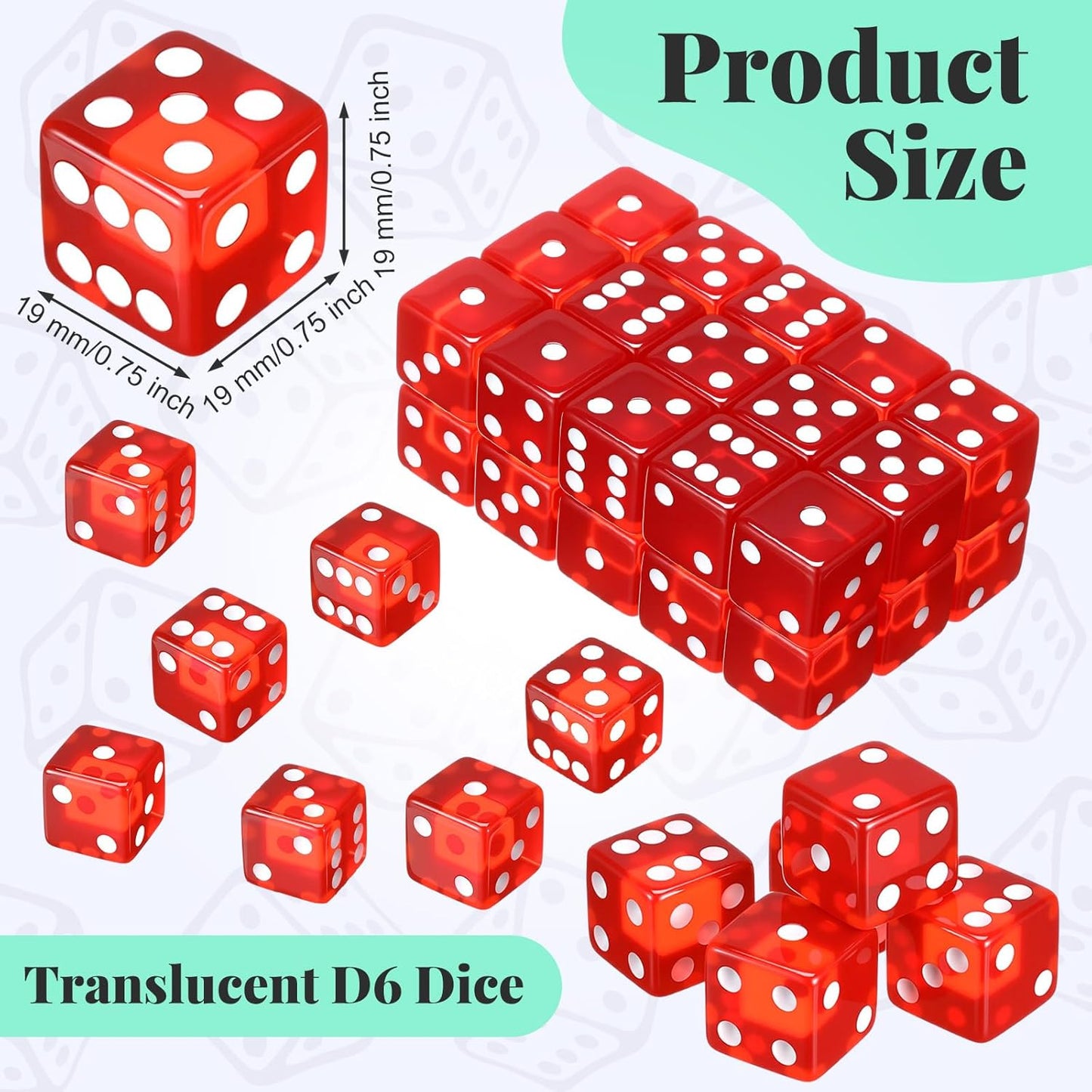 36 Piece 19 mm Casino Style Craps Dice Sets Acrylic and Translucent D6 Dice, Square W/Rounded Edge for Casino, Craps, Table Games and Board Games (Red)