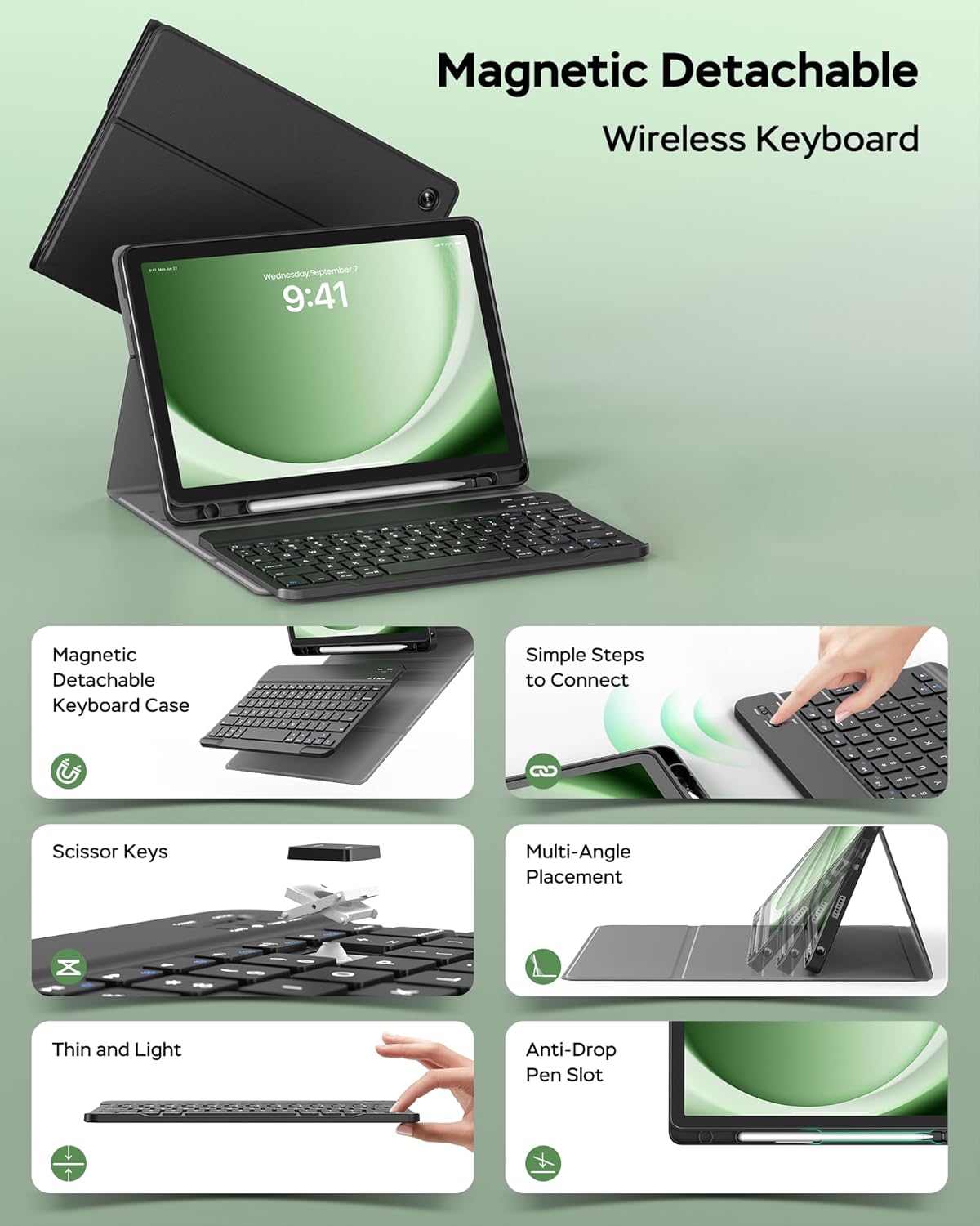 for Samsung Galaxy Tab A9 Plus Case with Keyboard, A9+ 11 Inch 2023 (SM-X210/X216/X218) Tablet Case with Detachable Wireless Keyboard, Multi-Angle Stand Folio Cover with S Pen Holder, Black